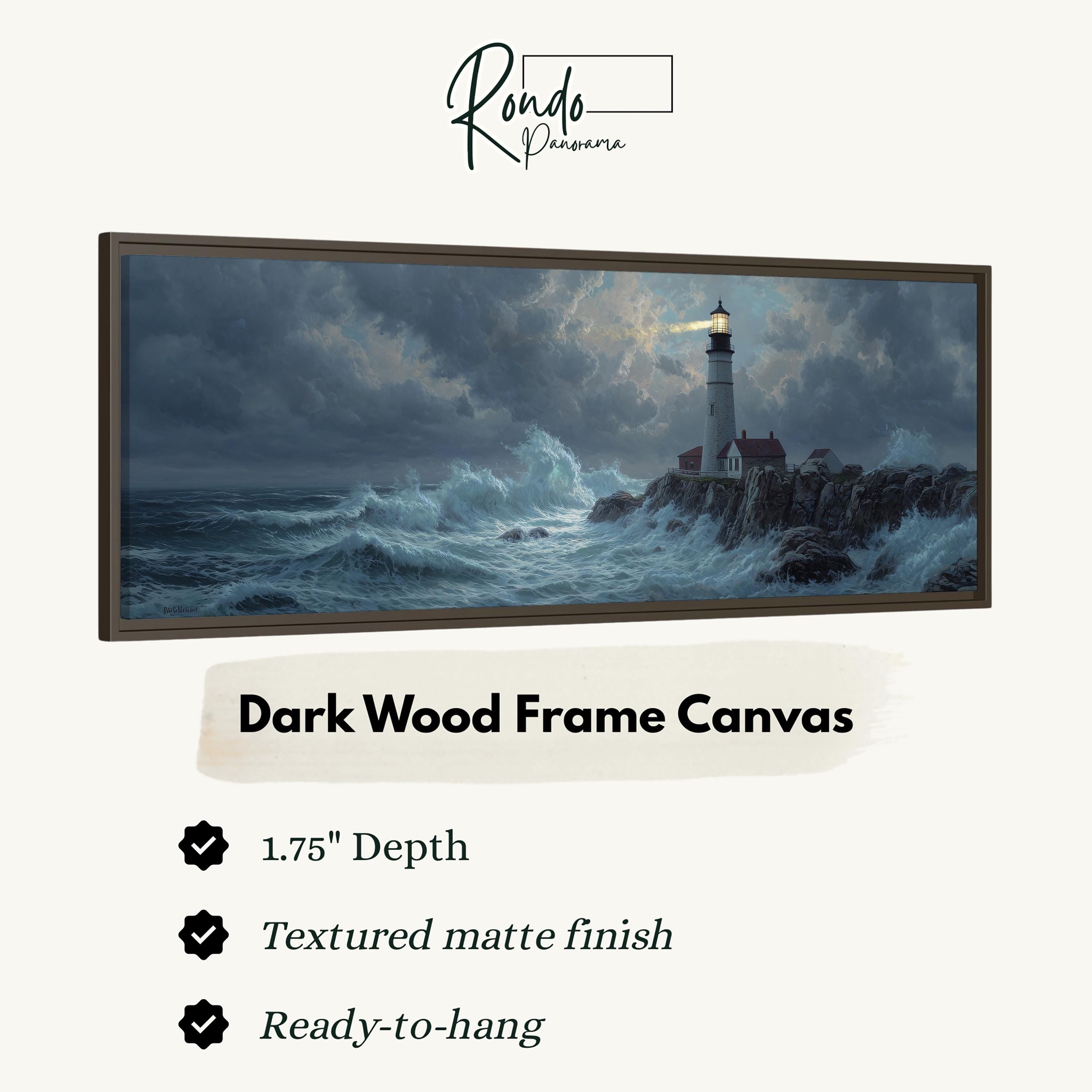 The image is a dark wood frame canvas depicting a lighthouse on a rocky shore during a stormy sea.