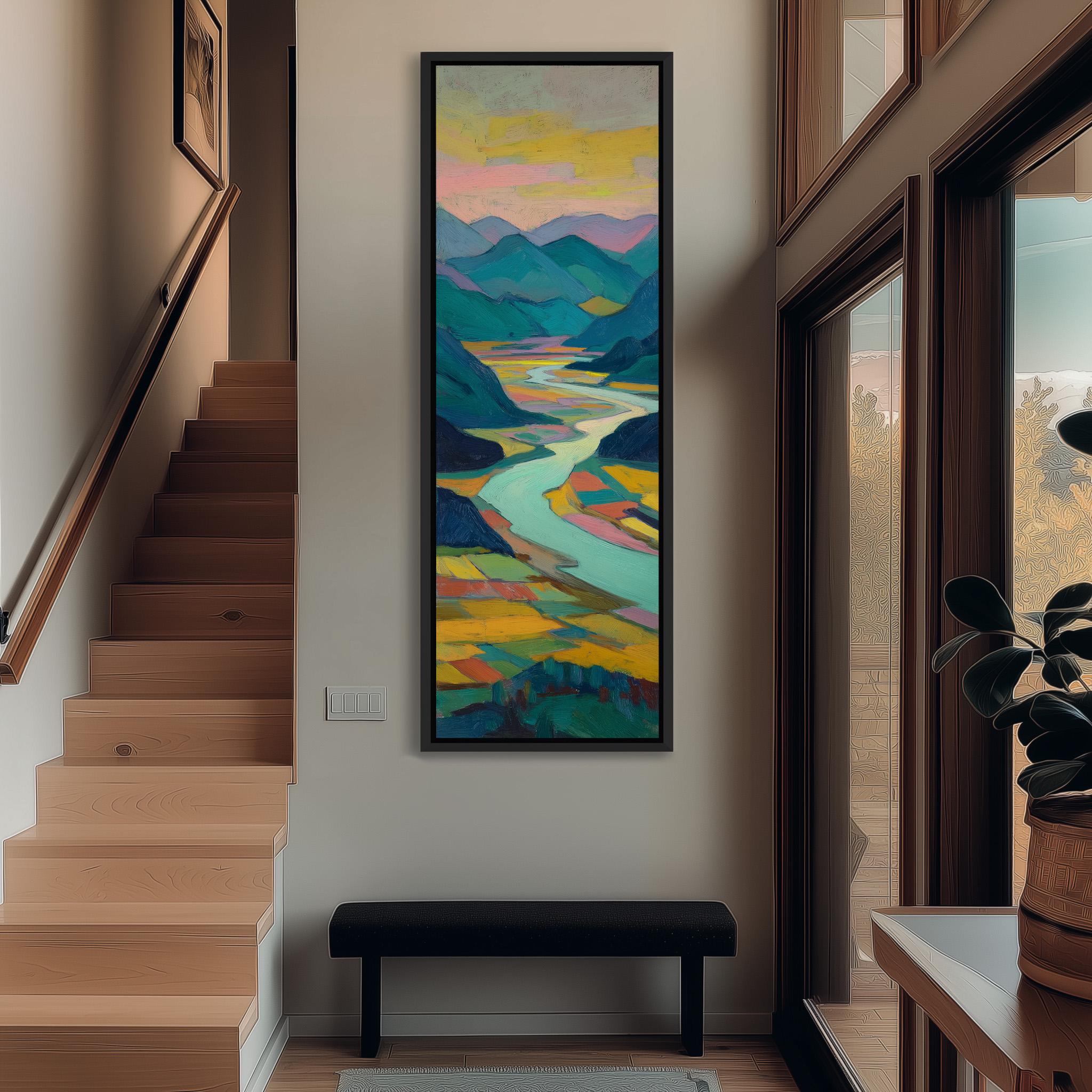 a large, colorful painting of a landscape hanging on the wall of a hallway. The painting depicts a winding river surrounded by mountains and trees, creating a serene and picturesque scene. The hallway is well-lit, with a wooden staircase leading up to the painting, and a bench is placed in front of it. The overall atmosphere of the image is calm and inviting, with the vibrant colors of the painting adding a touch of nature and beauty to the space.