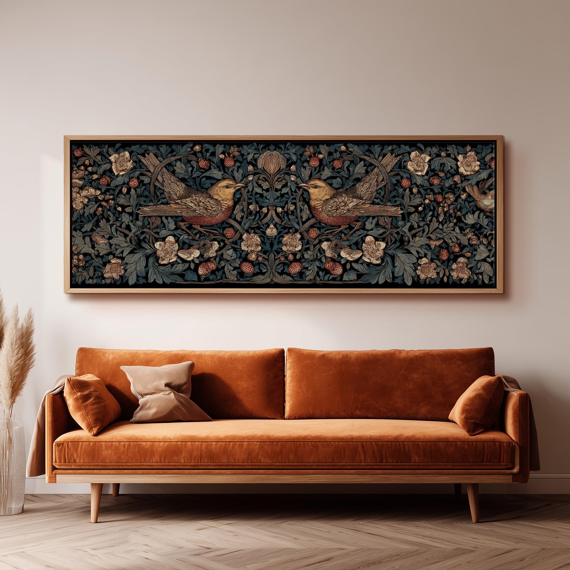 a large, ornate tapestry hanging on a wall above a brown sofa with a wooden frame.