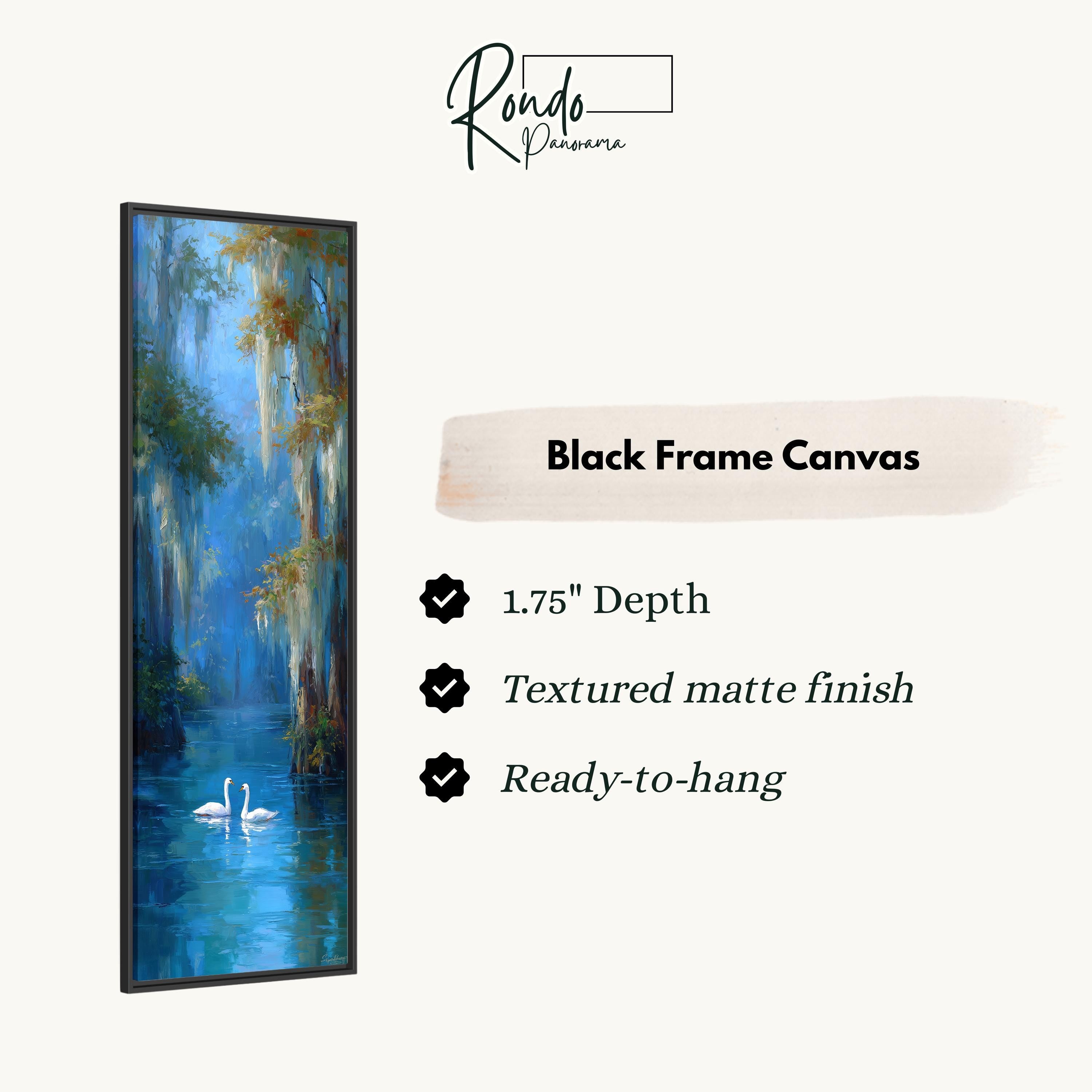 The image is a black frame canvas depicting a serene scene of swans swimming in a tranquil body of water.