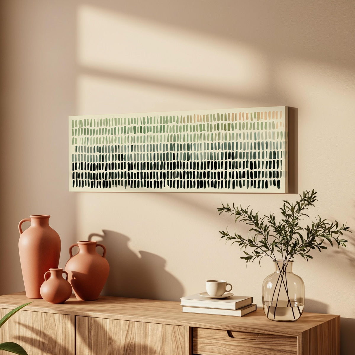 Brushmark dashes fading from sage to charcoal long horizontal canvas print above a wooden sideboard