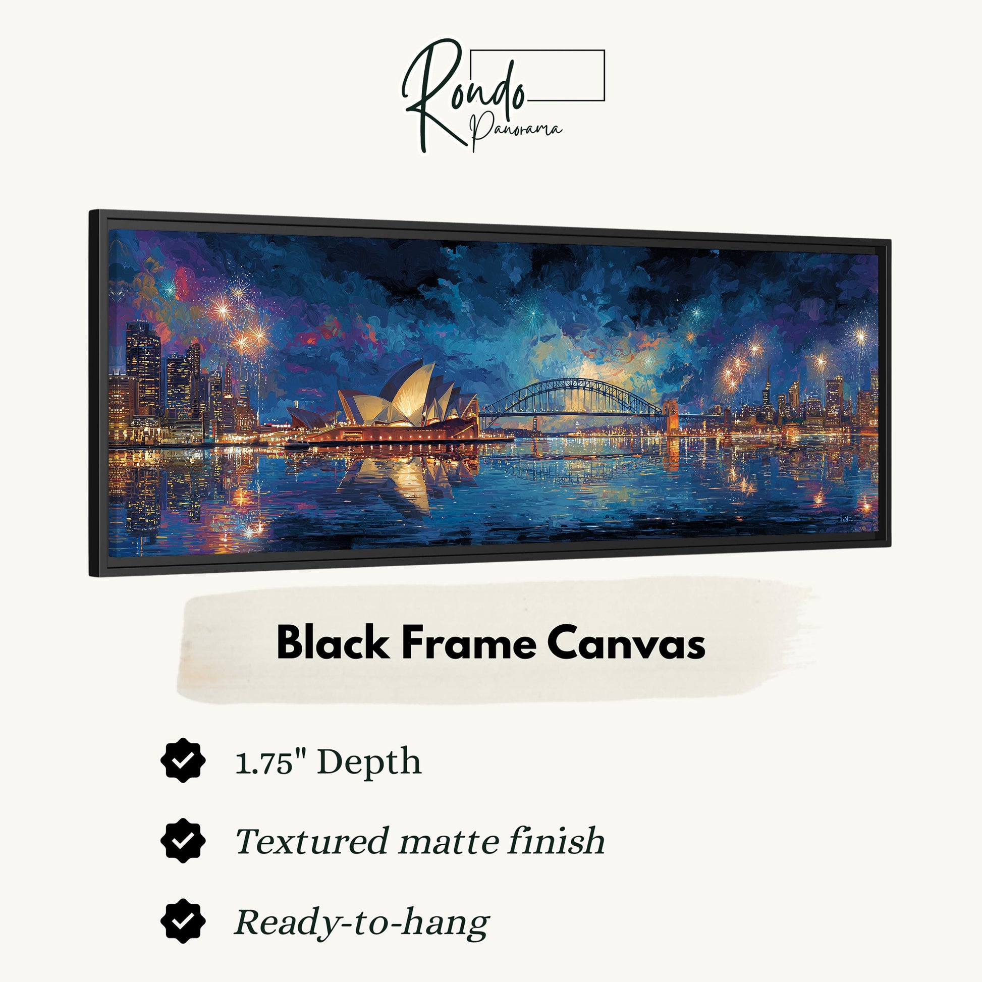The image is a black frame canvas depicting a nighttime cityscape with a bridge and a body of water reflecting the city lights.