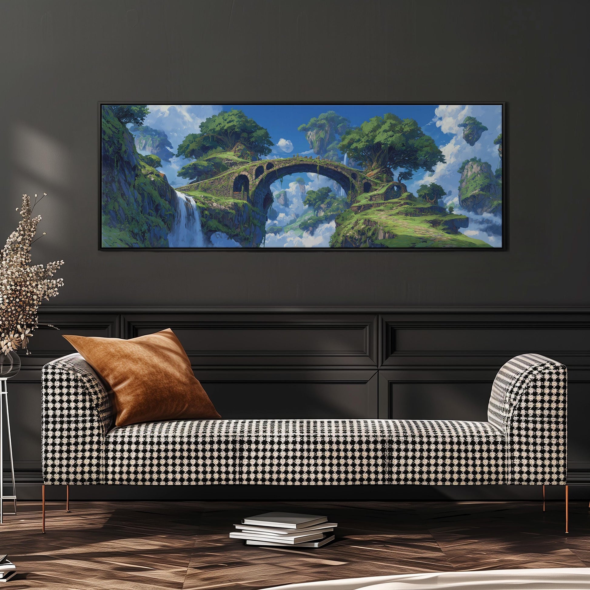 a large, colorful painting of a bridge in a lush, fantastical landscape, hanging on a wall above a black and white checkered sofa.