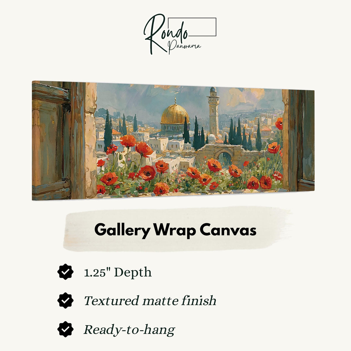 Jerusalem skyline through a window with poppies gallery wrap canvas with the image wrapped around the edges