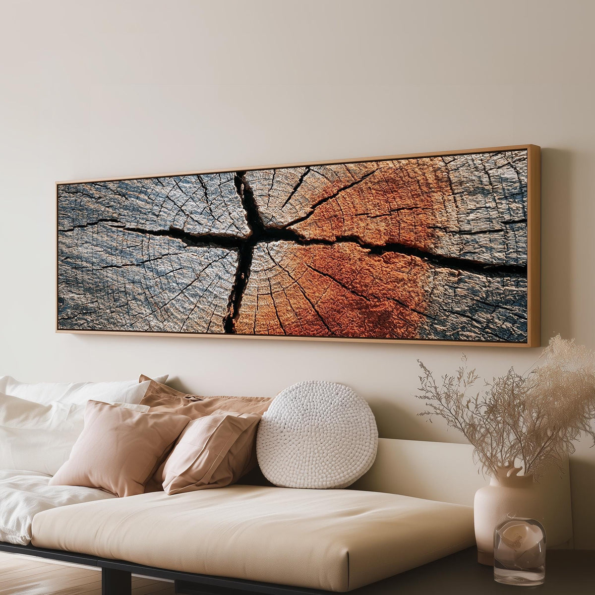 Copper cracked wood grain long horizontal canvas print above a sofa in a living room