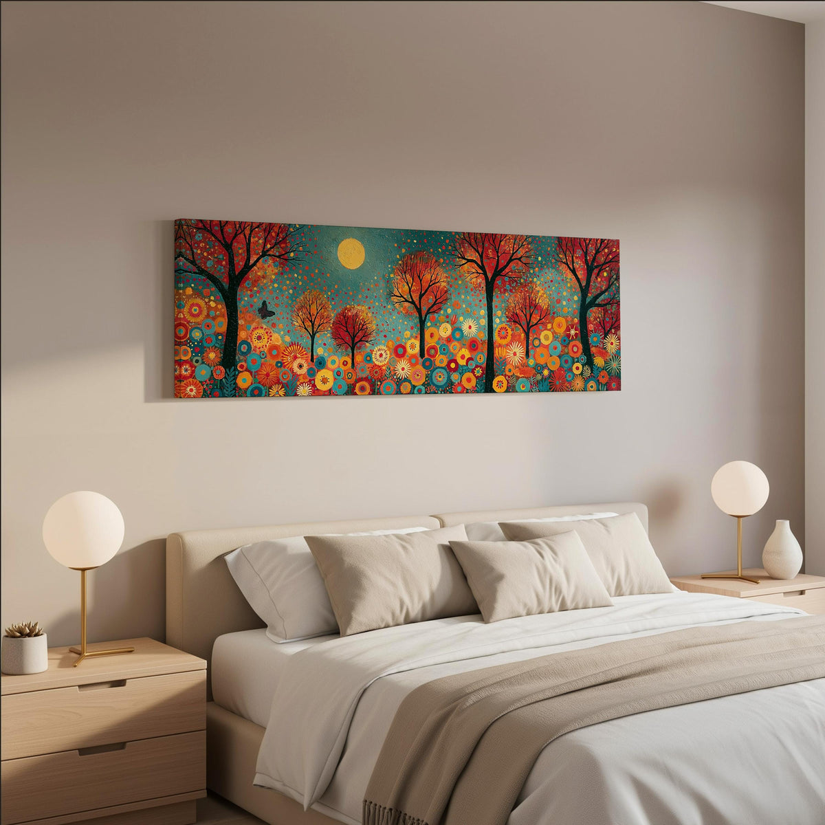 Folk art autumn forest with flowers wide panoramic canvas print above a bed in a neutral bedroom