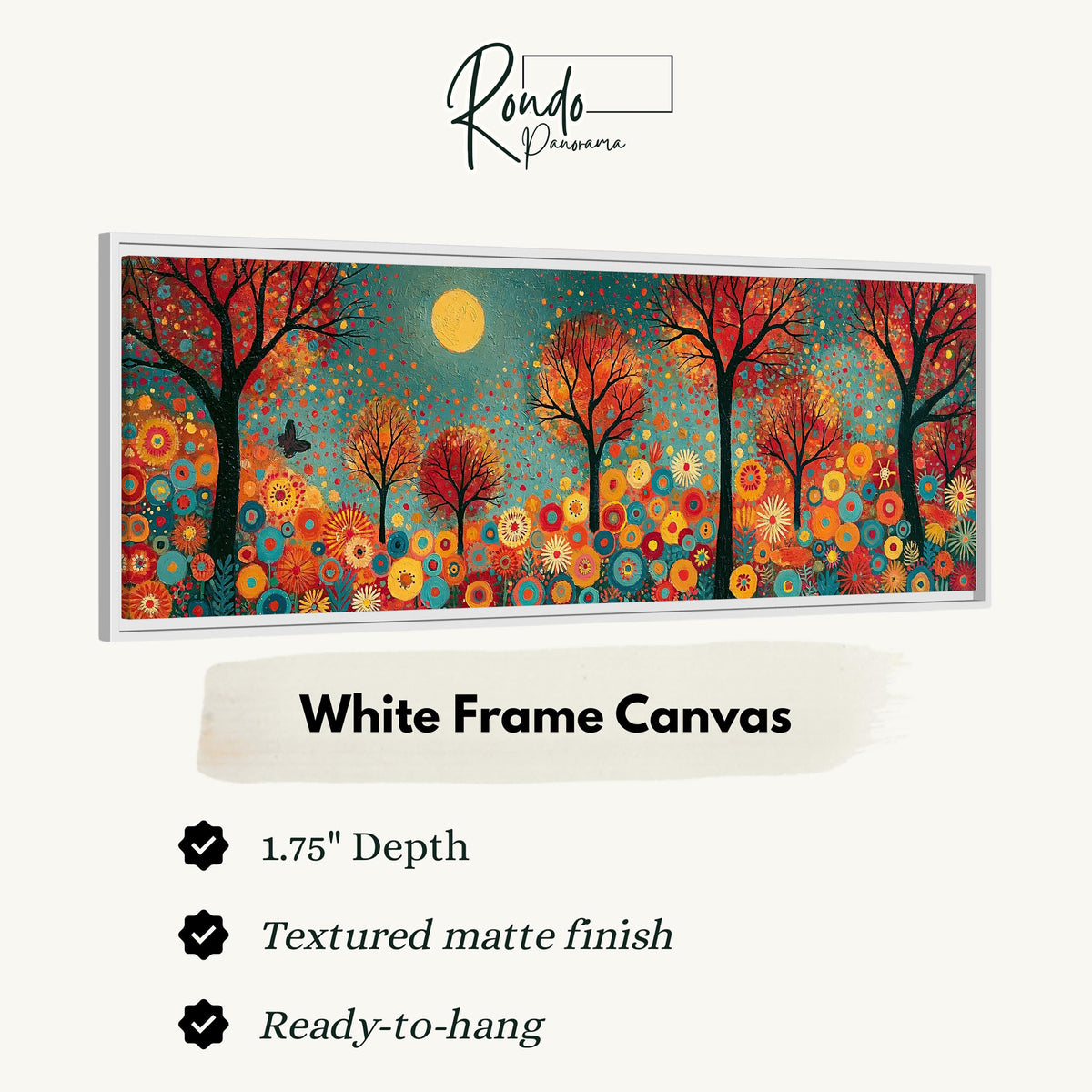 Folk art autumn forest with flowers canvas print in a white floating frame