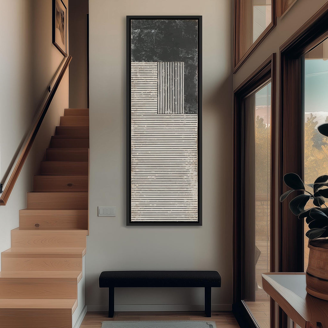 a modern and minimalist interior design, featuring a large abstract painting on the wall, a wooden staircase, a black bench, and a large window that allows natural light to enter the space.