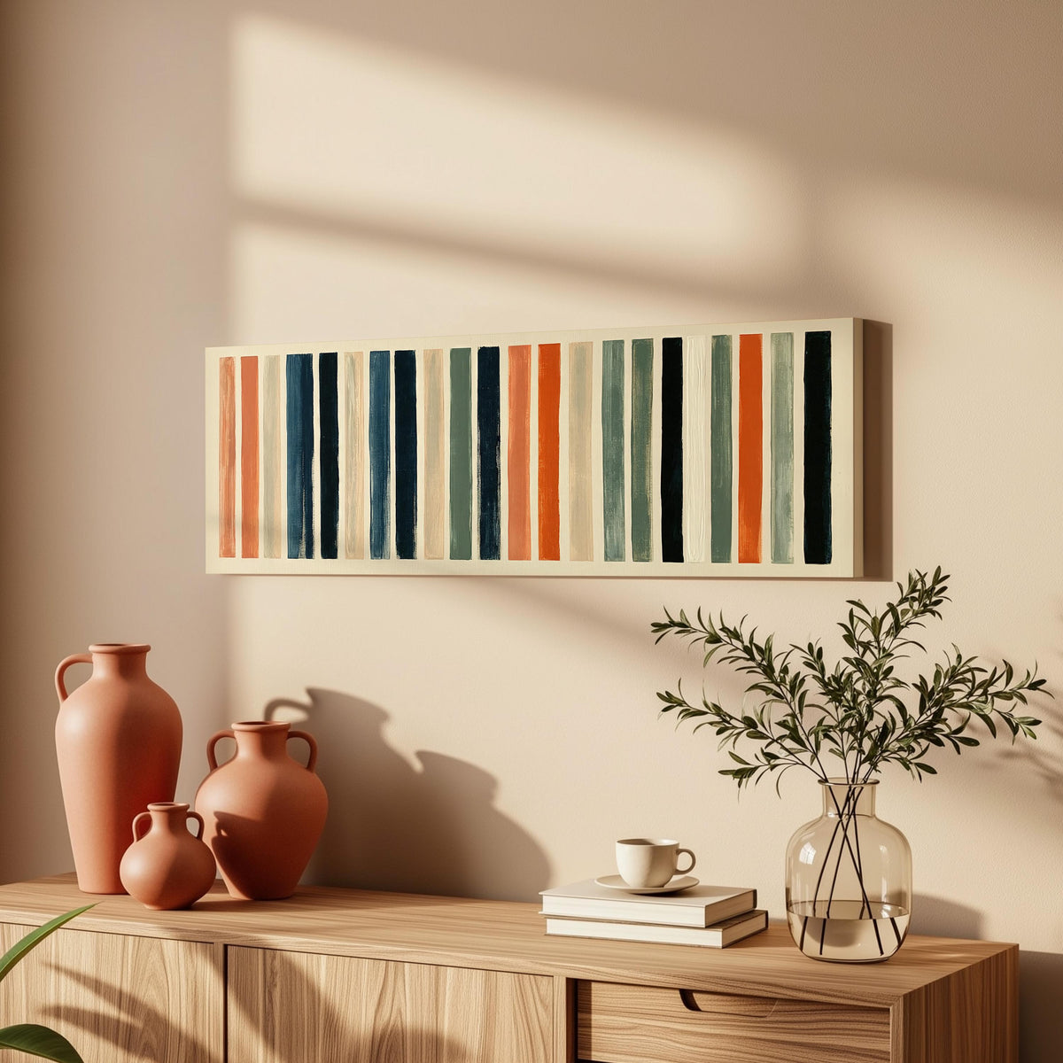 Bold peach, sage and navy stripes long horizontal canvas print above a wooden sideboard