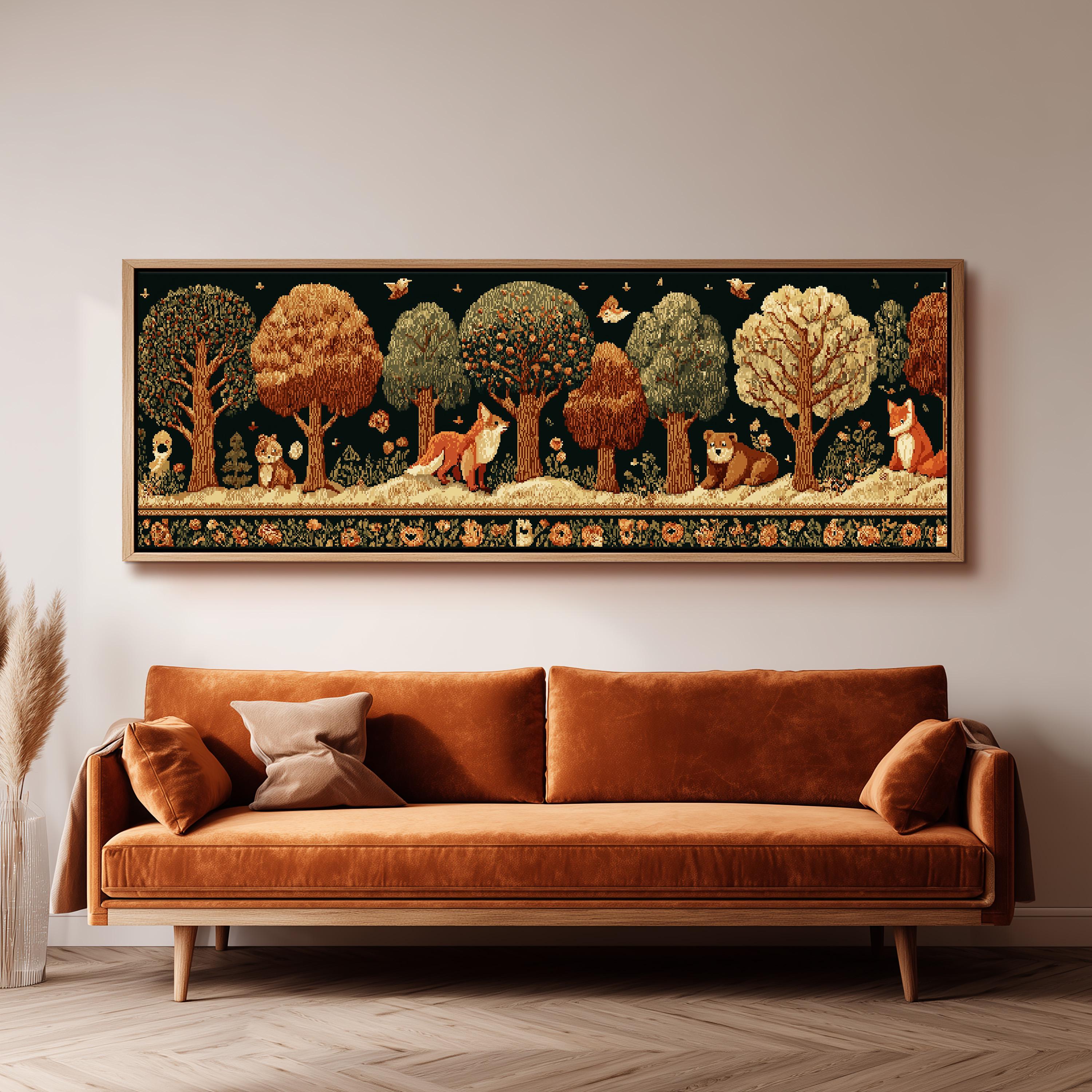 a large, ornate tapestry hanging on a wall above a brown sofa in a living room setting.