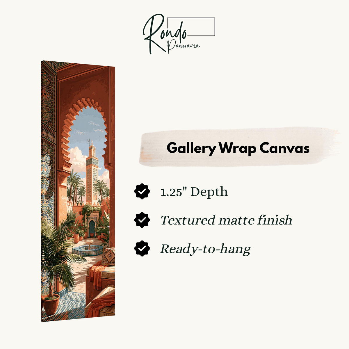 Moroccan courtyard and minaret through a terracotta arch gallery wrap canvas with the image wrapped around the edges