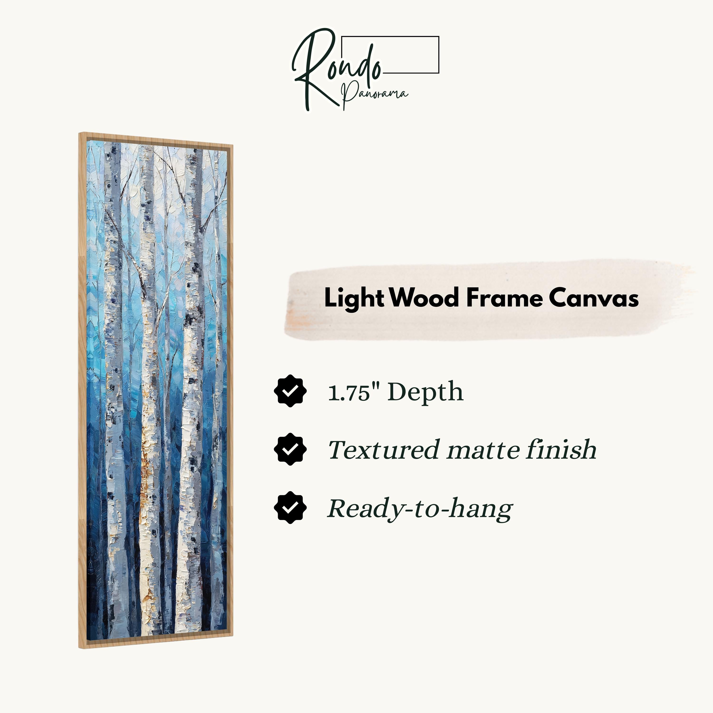 The image is a light wood frame canvas depicting a painting of birch trees.