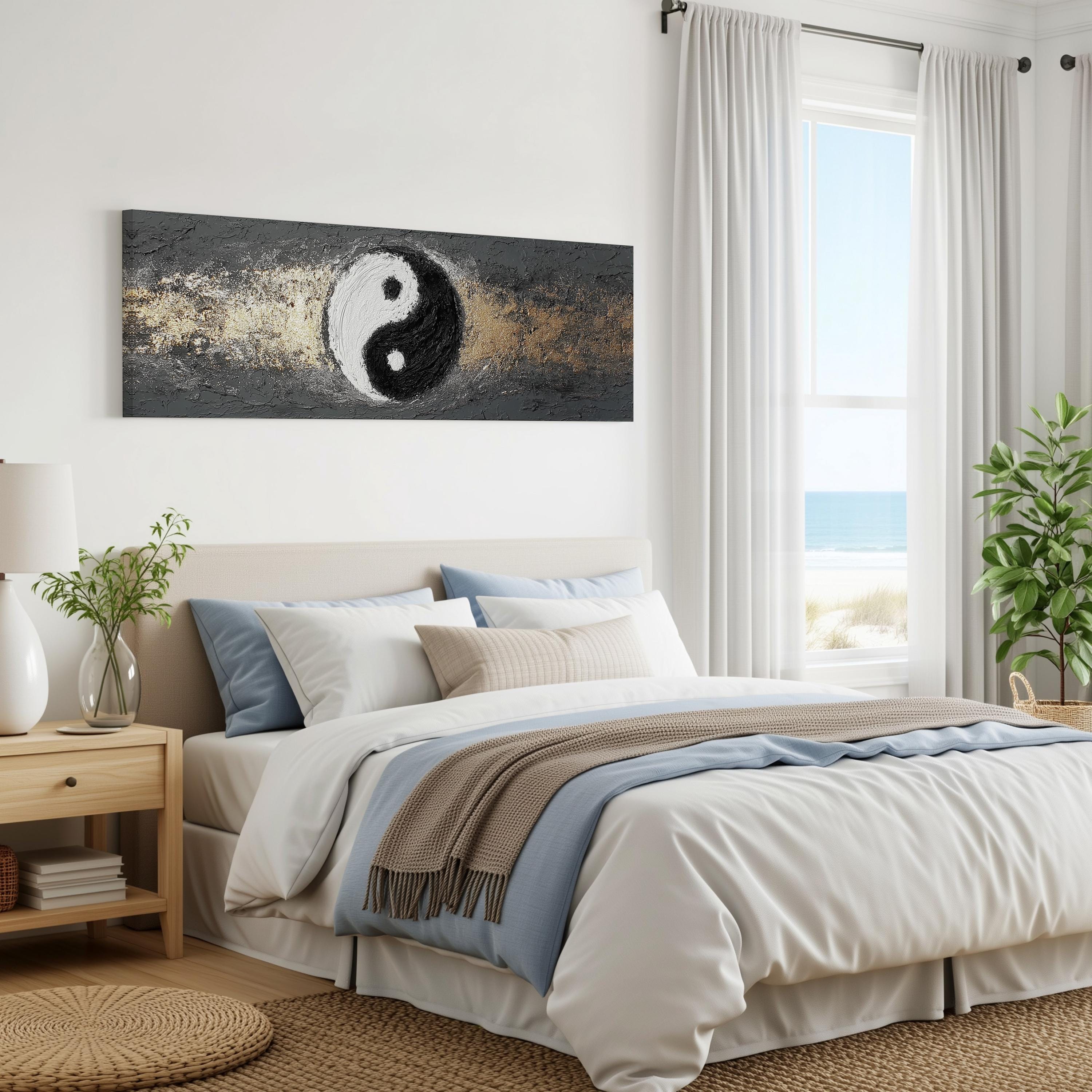 a serene bedroom with a large bed, a nightstand, and a painting of a yin and yang symbol on the wall. The room has a beach view through a window, and there are plants and a rug on the floor.