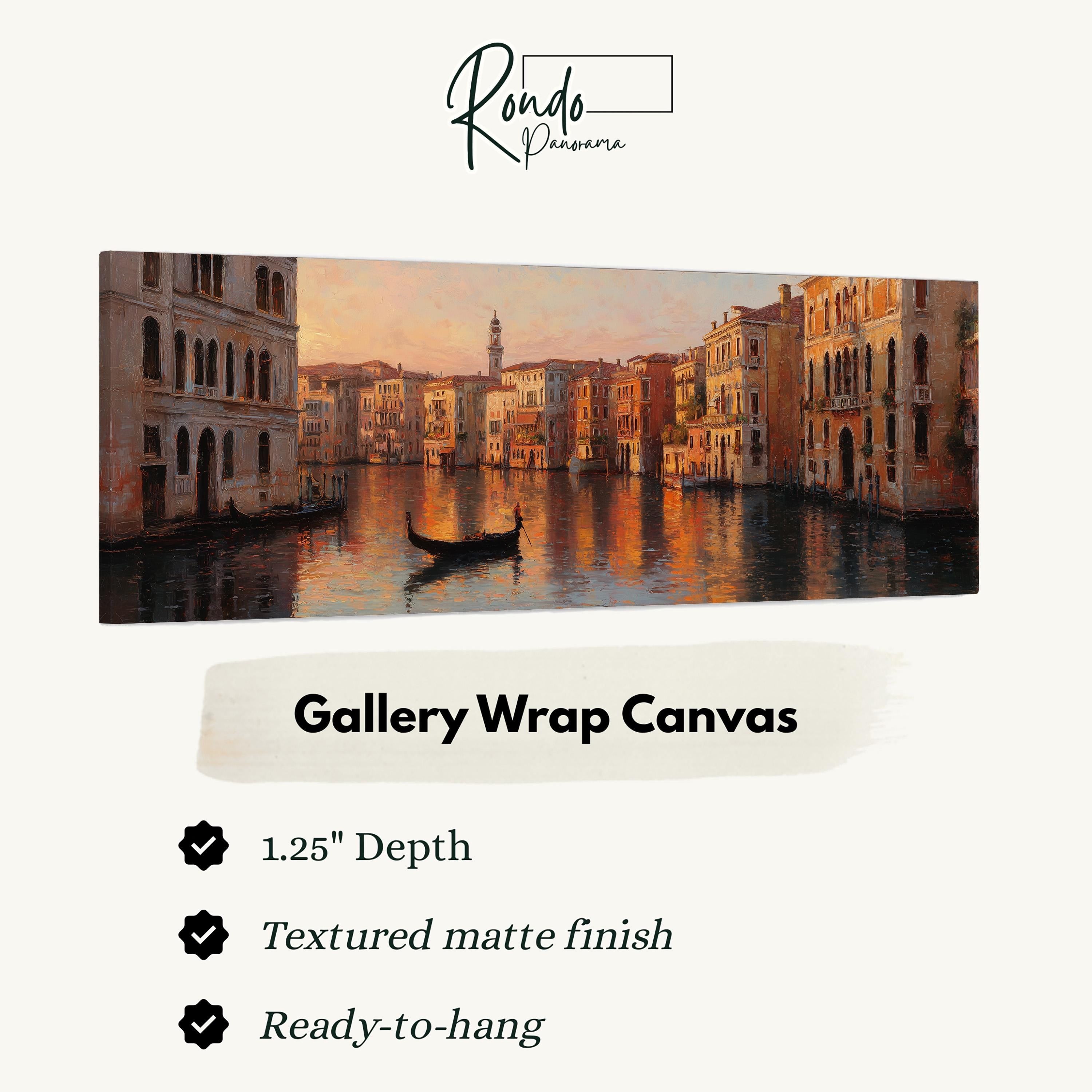 The image is a painting of a cityscape with a gondola on a canal, featuring a 1.25" depth and a textured matte finish. The painting is ready to hang.