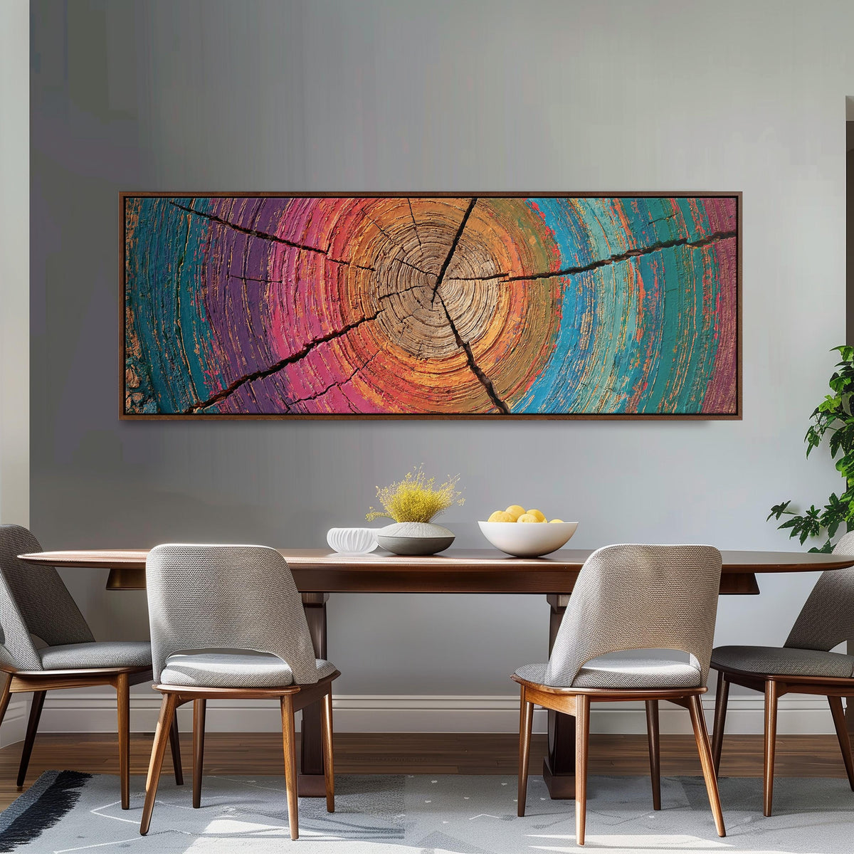 Rainbow tree ring long horizontal canvas print above a dining table