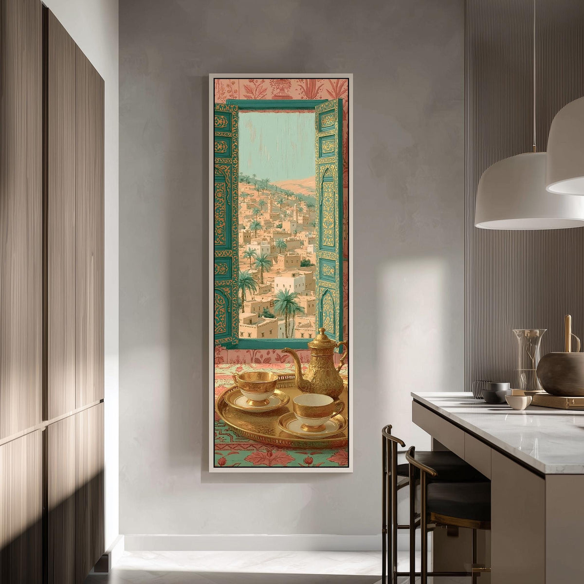 Moroccan tea set by an ornate window tall skinny canvas print in a modern kitchen