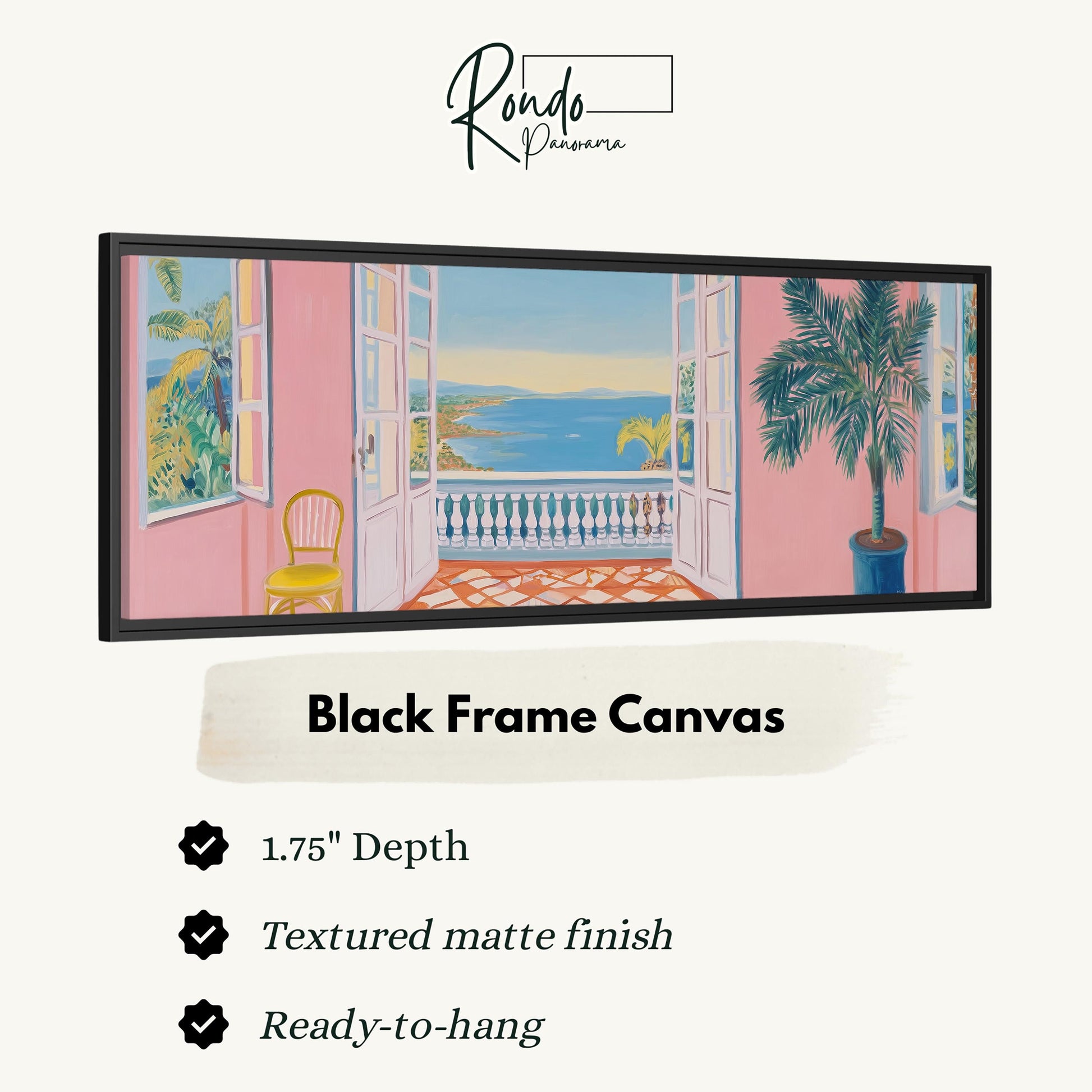 The image is a black frame canvas depicting a balcony with a view of the ocean and palm trees.