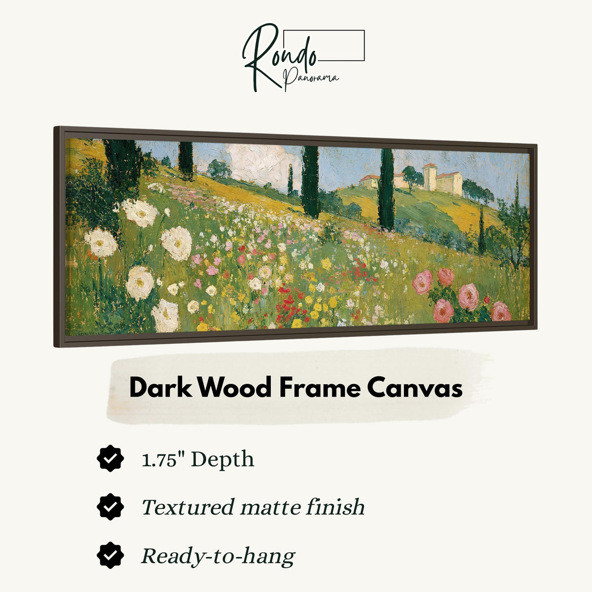 Tuscan wildflower hillside with cypress trees canvas print in a dark wood floating frame