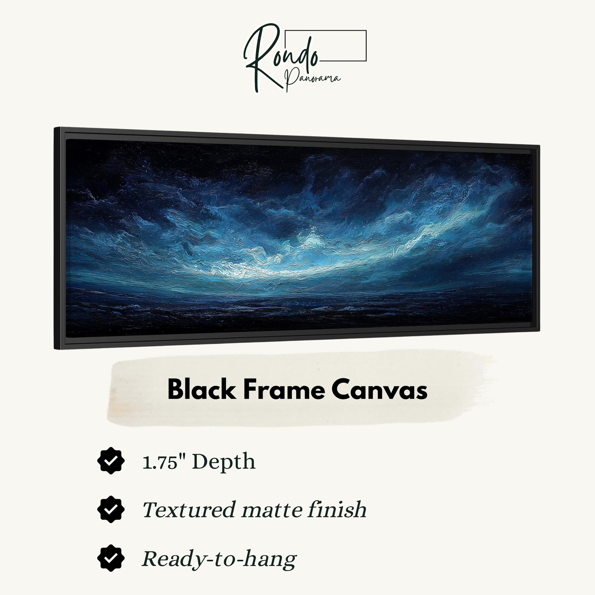 The image is a black frame canvas depicting a seascape with a dark blue sky and a white, wispy cloud formation.
