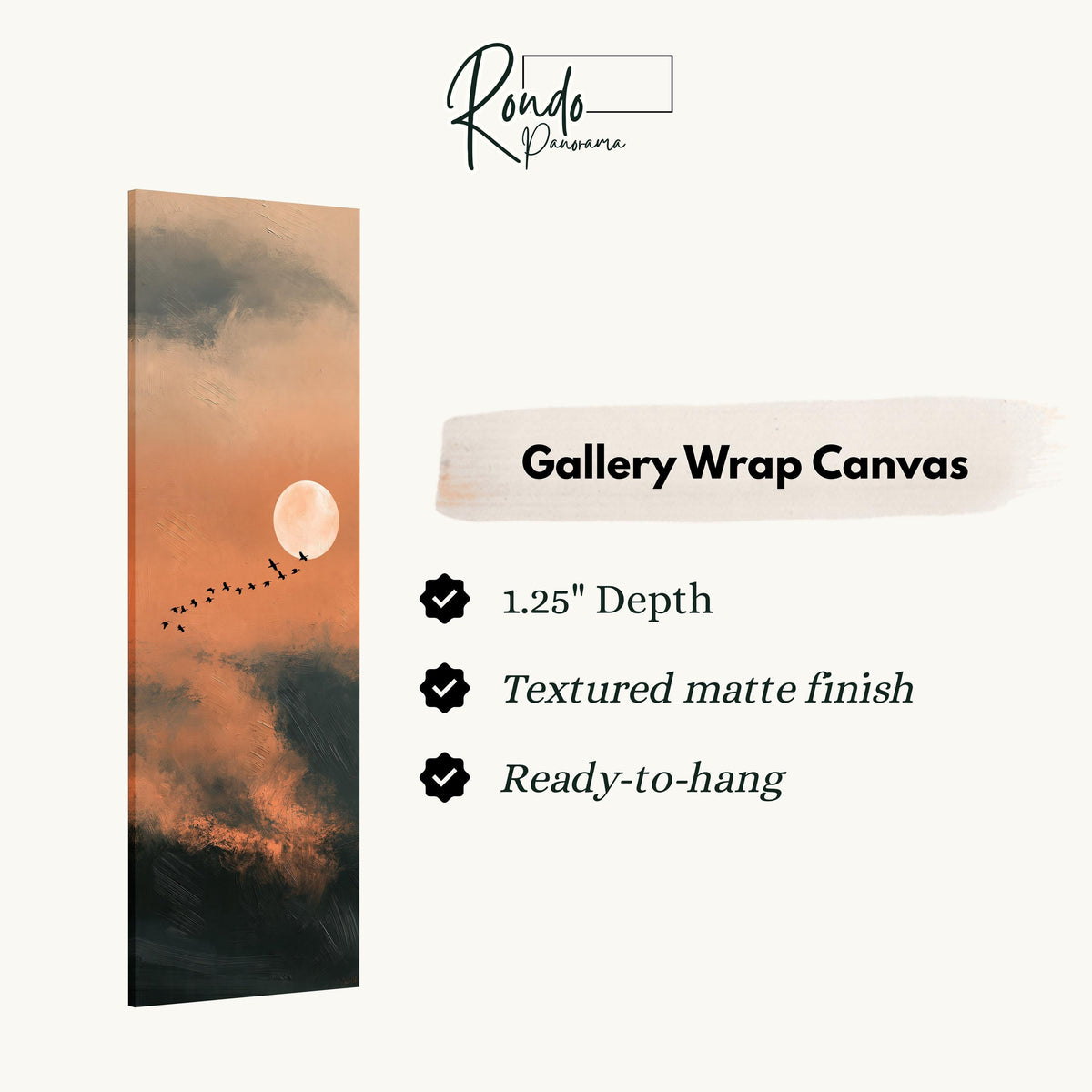 Birds flying past a rising moon in an orange sky gallery wrap canvas with the image wrapped around the edges