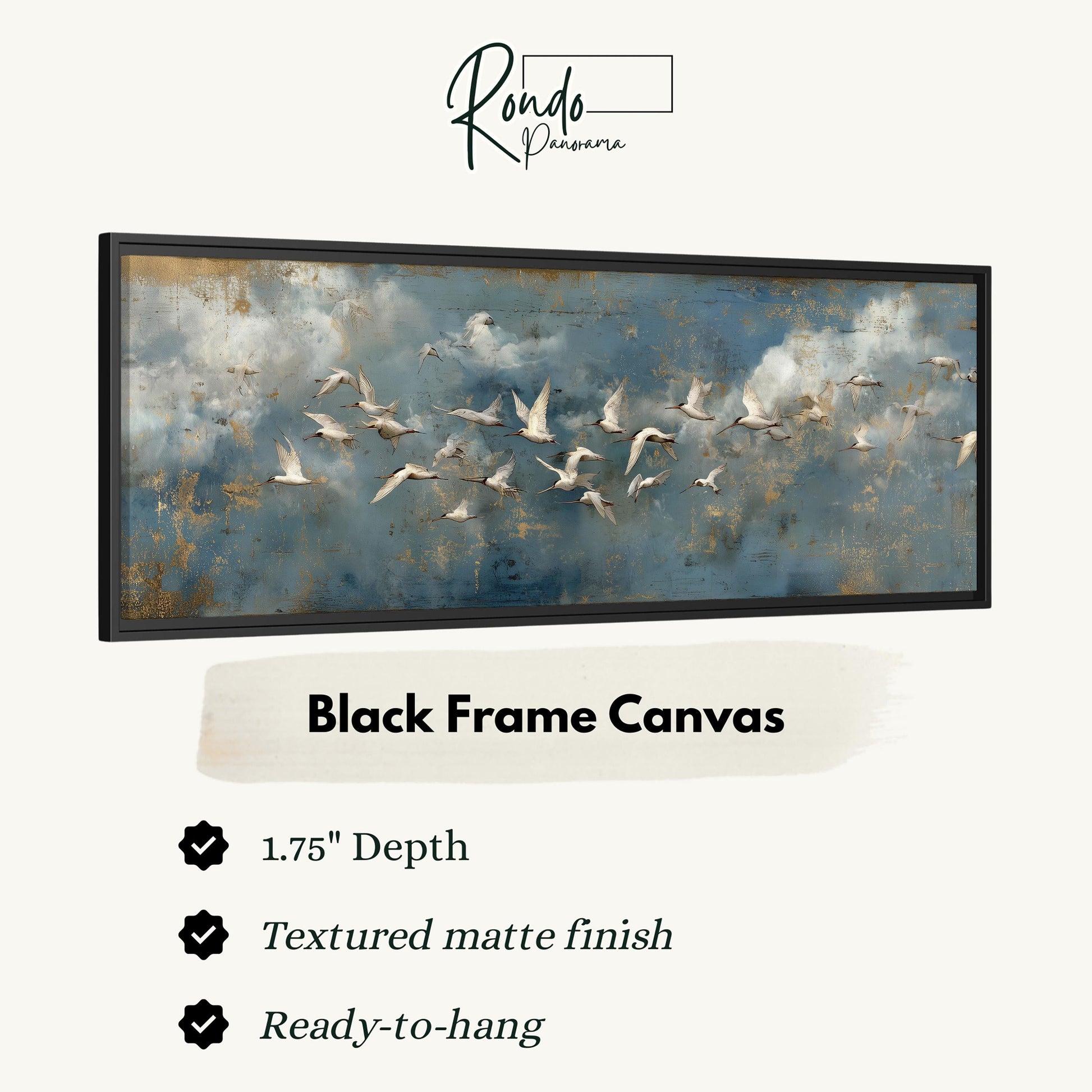 a black frame canvas with a painting of a flock of white birds flying across a blue sky with clouds.