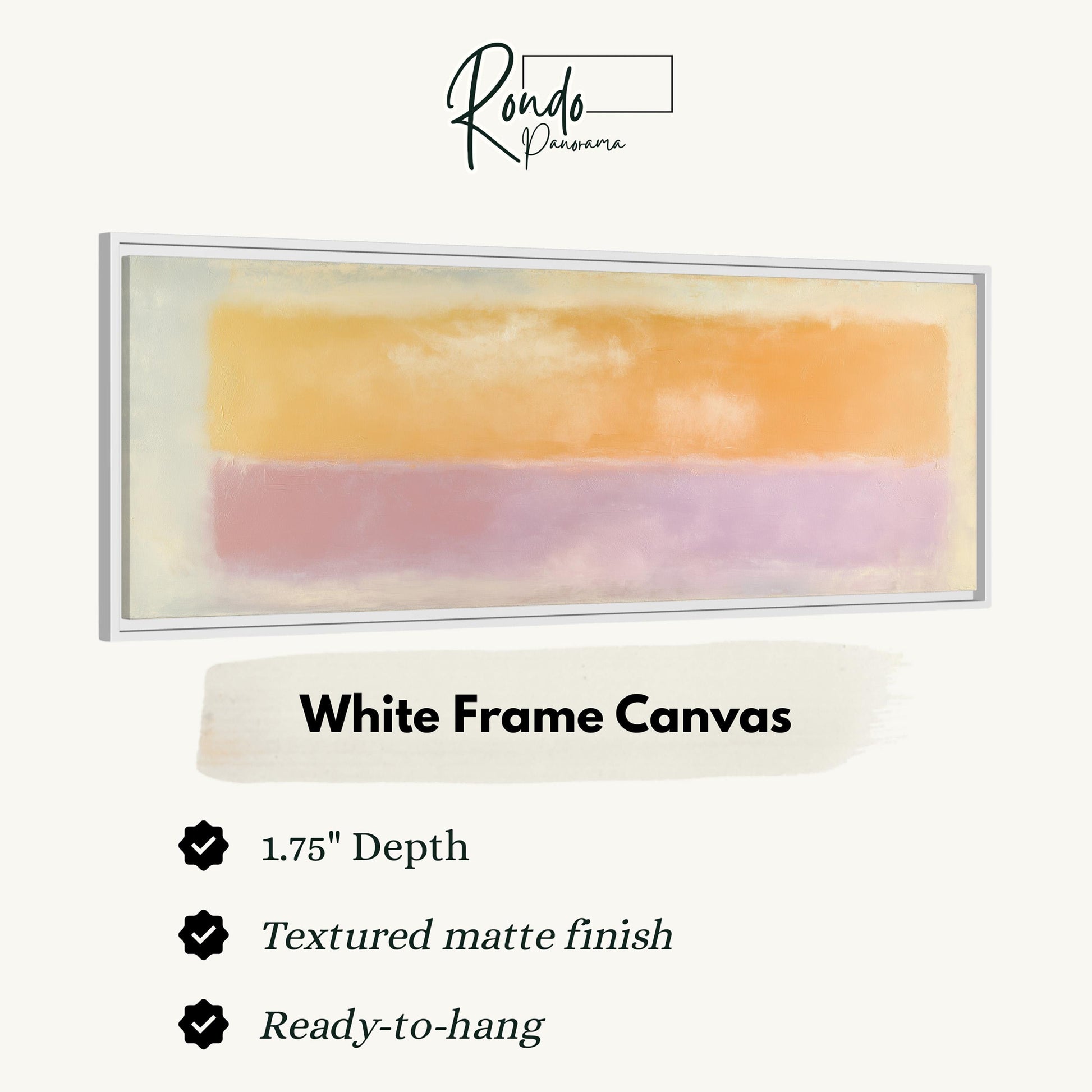 The image is a product description for a white frame canvas. It features a painting with a gradient of yellow and pink colors, and it has a 1.75" depth. The canvas is textured and ready to hang.