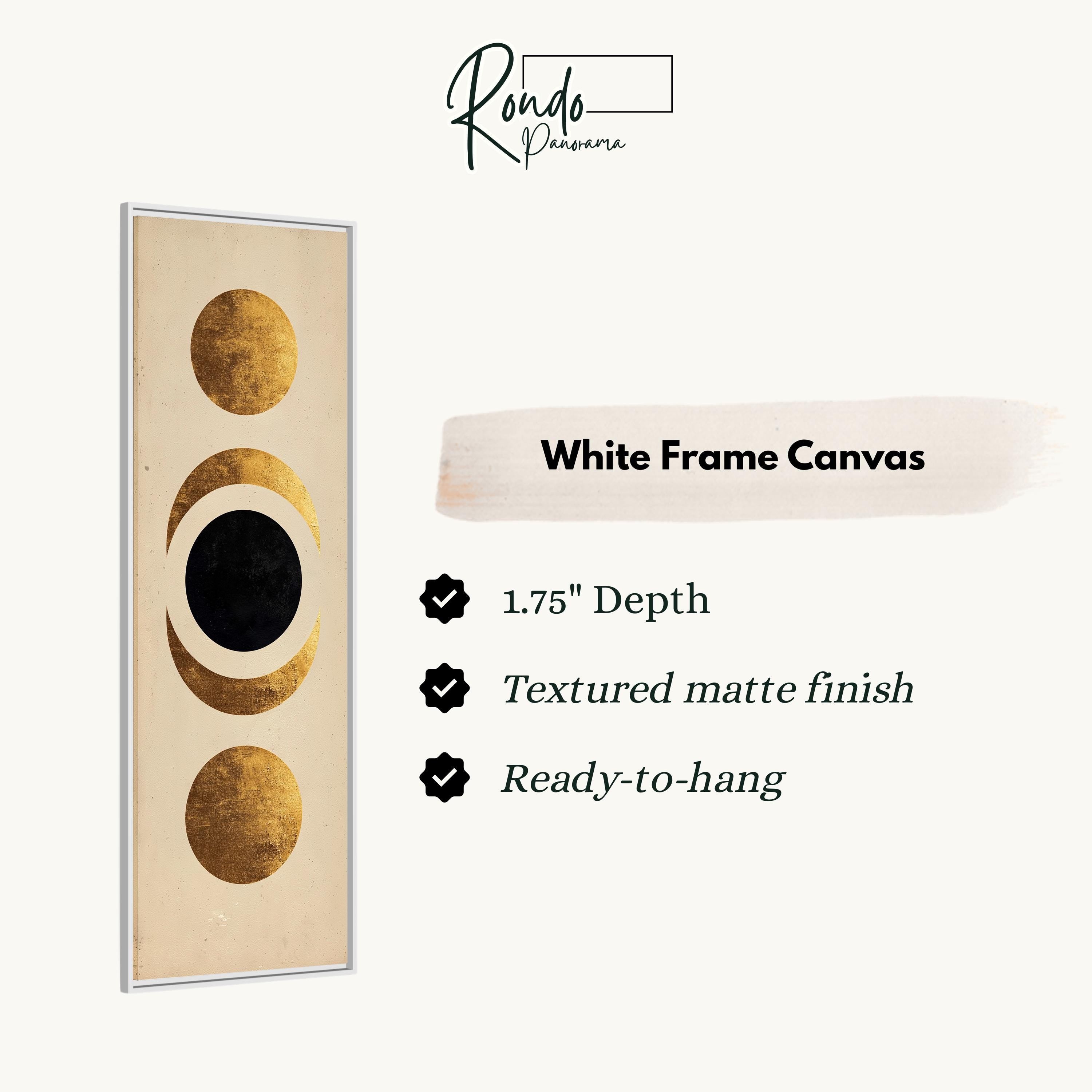 The image is a white frame canvas with a gold design featuring three circles and a black dot.