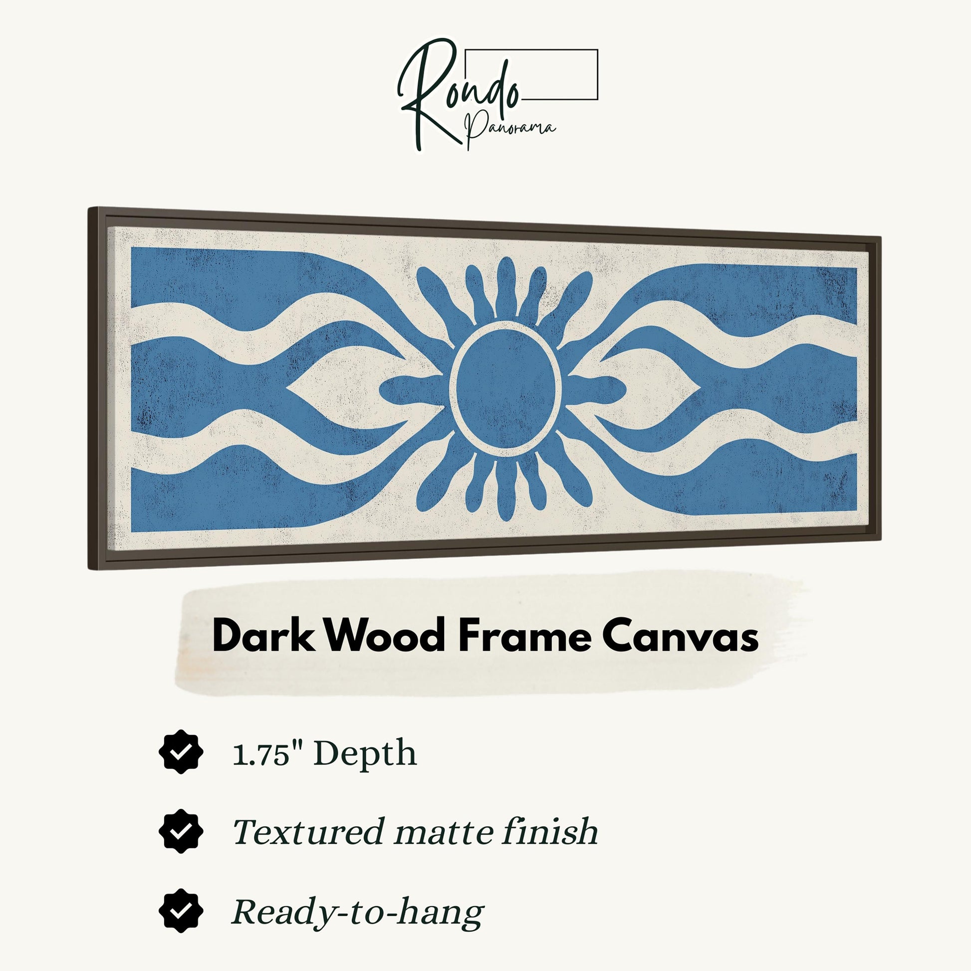 The image is a framed artwork with a blue and white design featuring a sun-like shape. The frame is described as a "Dark Wood Frame Canvas" with a 1.75" depth, a textured matte finish, and a ready-to-hang feature.
