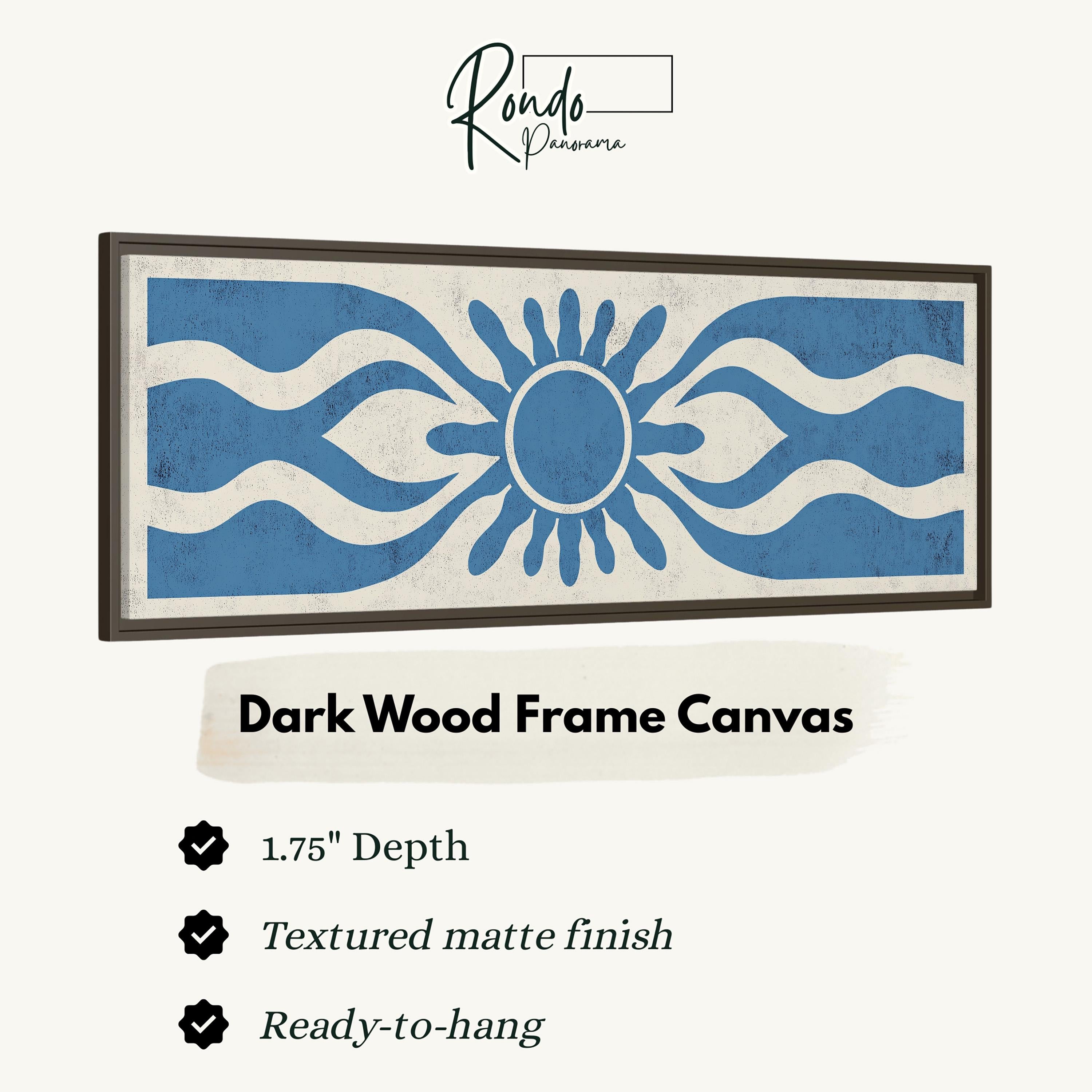 The image is a framed artwork with a blue and white design featuring a sun-like shape. The frame is described as a "Dark Wood Frame Canvas" with a 1.75" depth, a textured matte finish, and a ready-to-hang feature.
