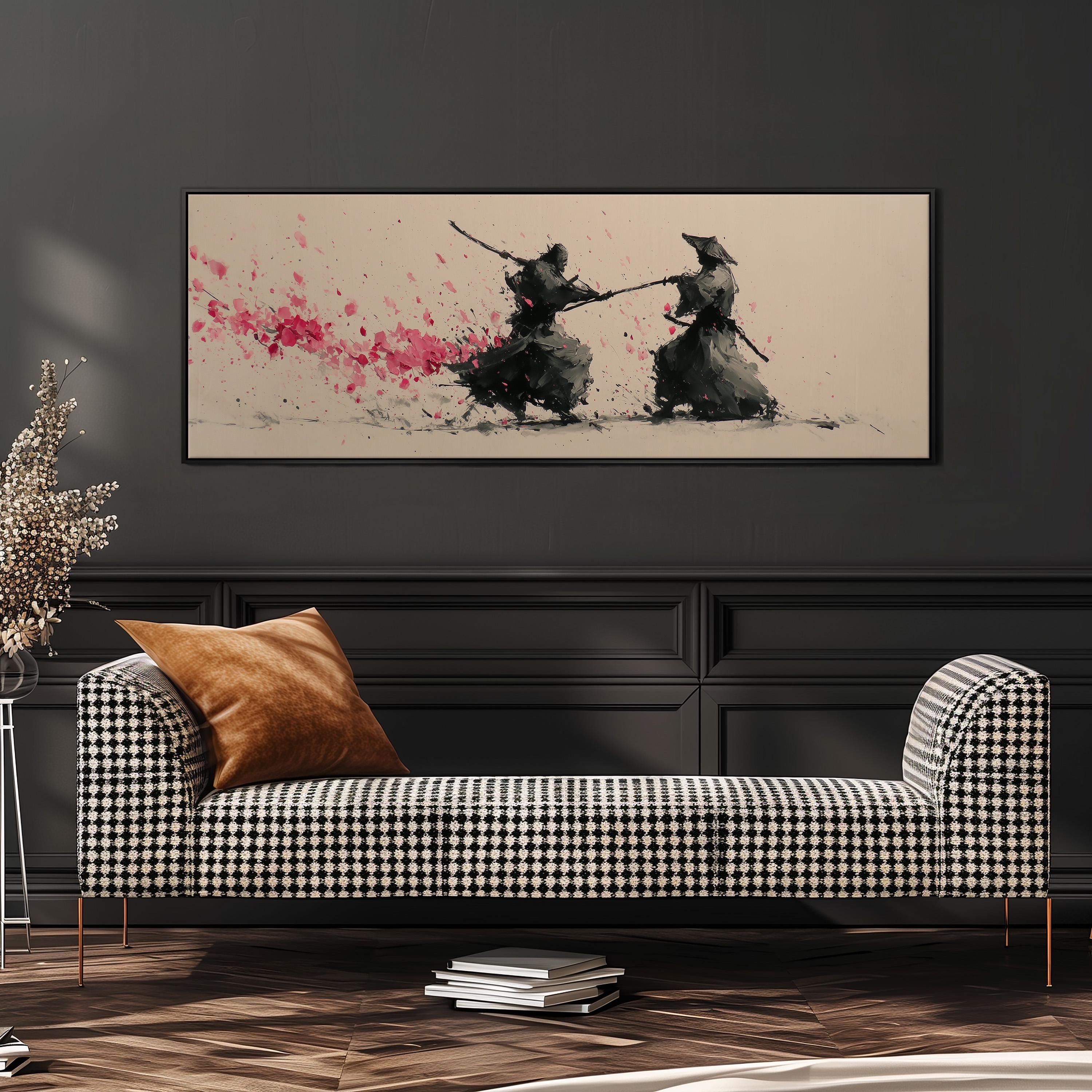 a black and white checkered sofa with a brown throw pillow, set against a dark wall with a framed artwork depicting two figures engaged in a sword fight.