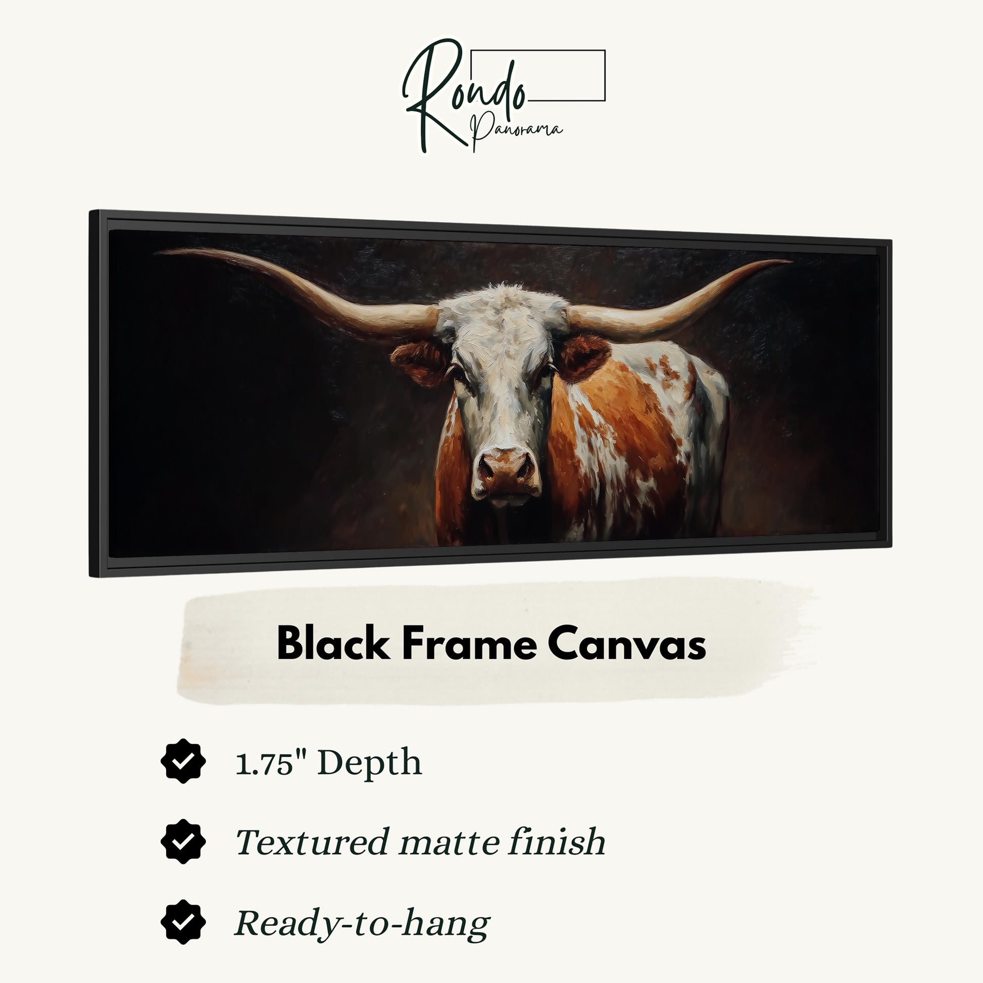 The image is a black frame canvas depicting a close-up of a horned bull with a textured matte finish.