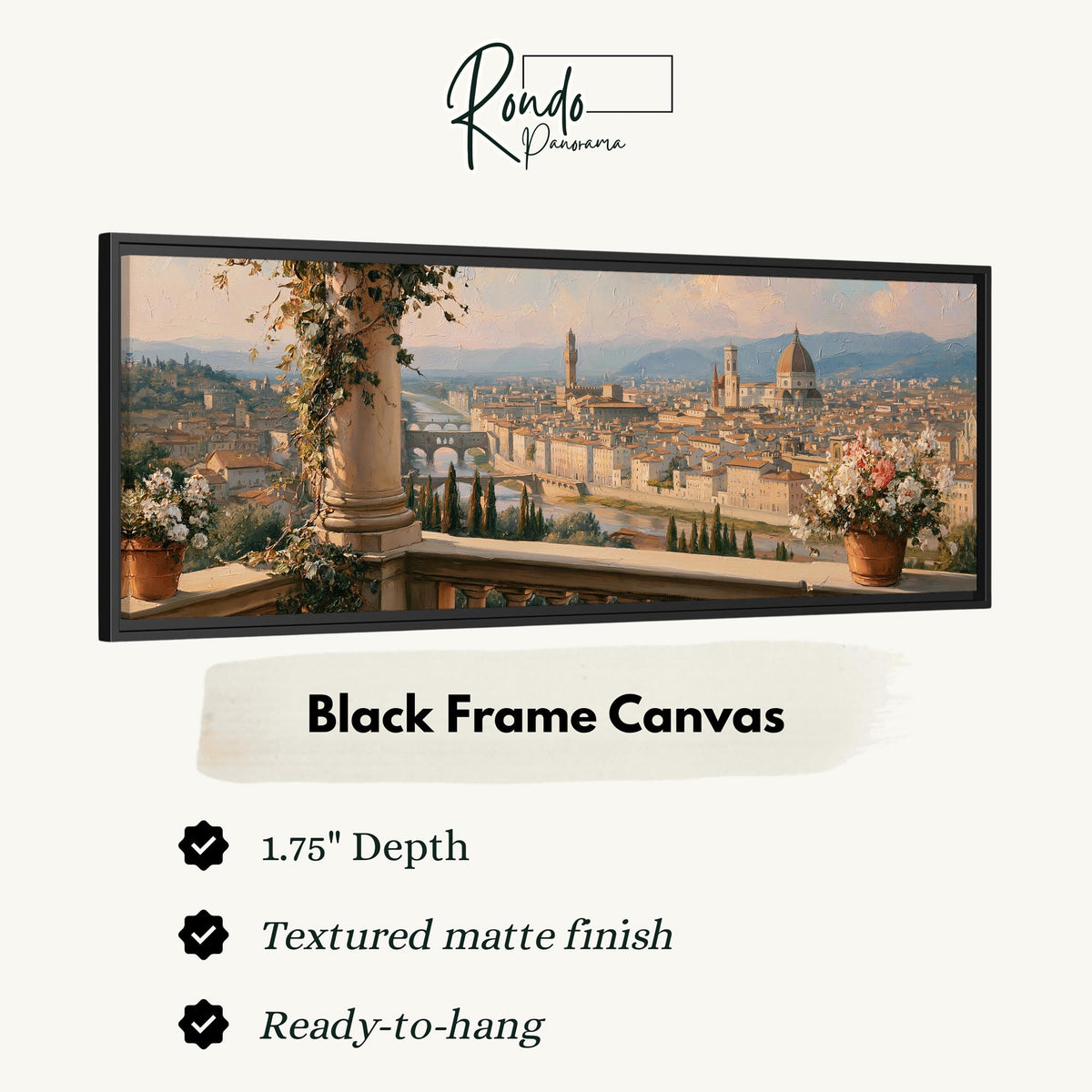 Florence skyline from a flowered balcony canvas print in a black floating frame
