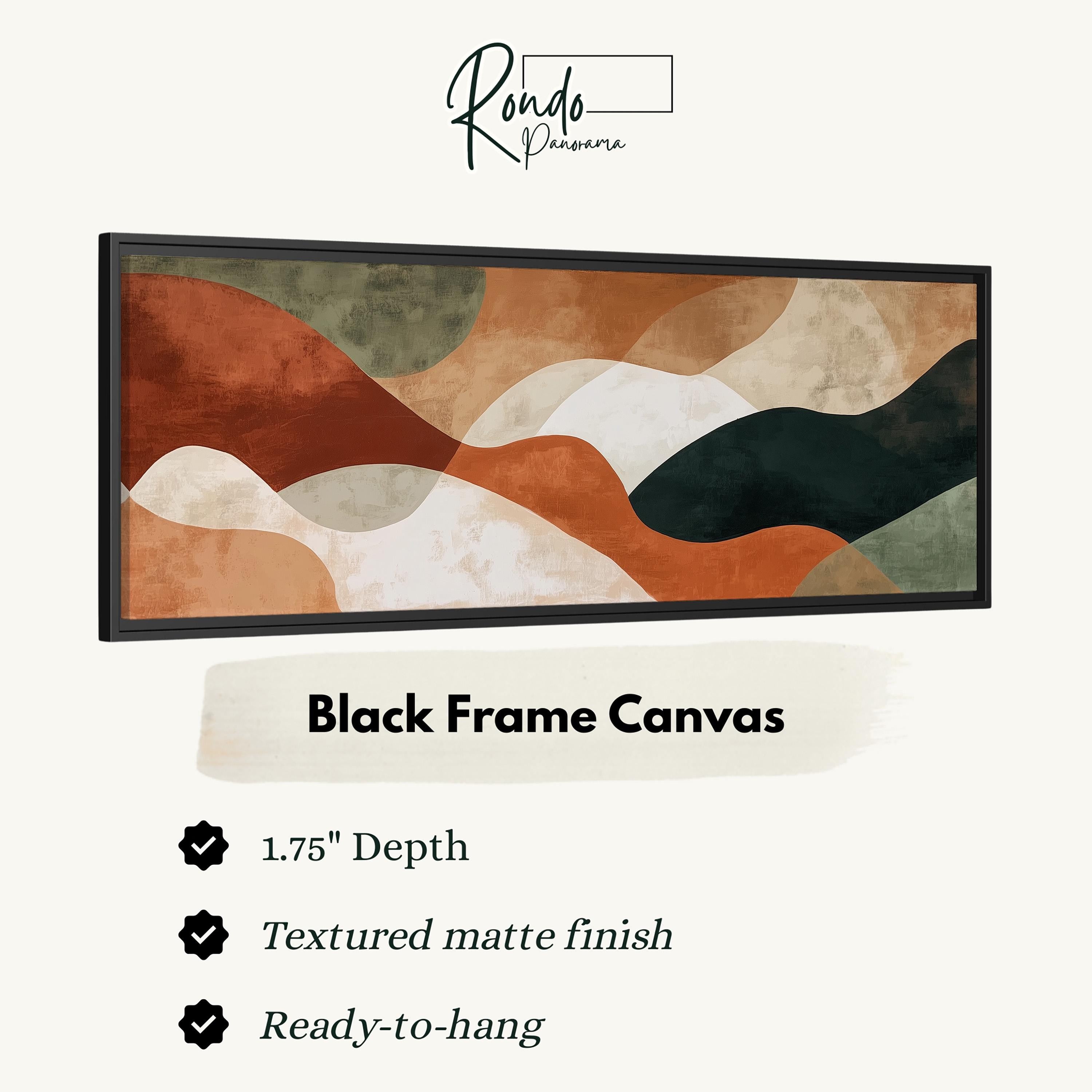 The image is a black frame canvas with a textured matte finish, measuring 1.75" in depth. It is ready to hang and has a textured matte finish.