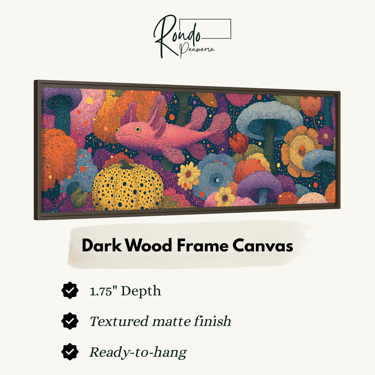 Fantasy mushrooms with a pink creature canvas print in a dark wood floating frame
