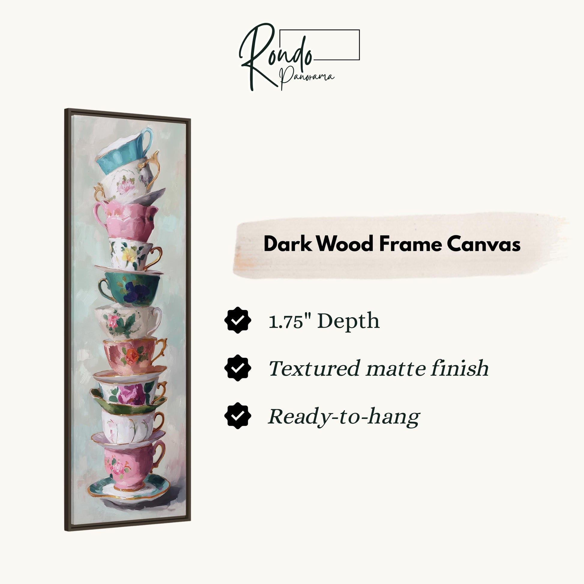 a tall stack of colorful teacups, with a dark wood frame canvas hanging on a wall.