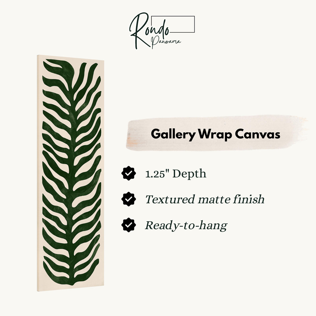 Stylized dark green fern leaf gallery wrap canvas with the image wrapped around the edges