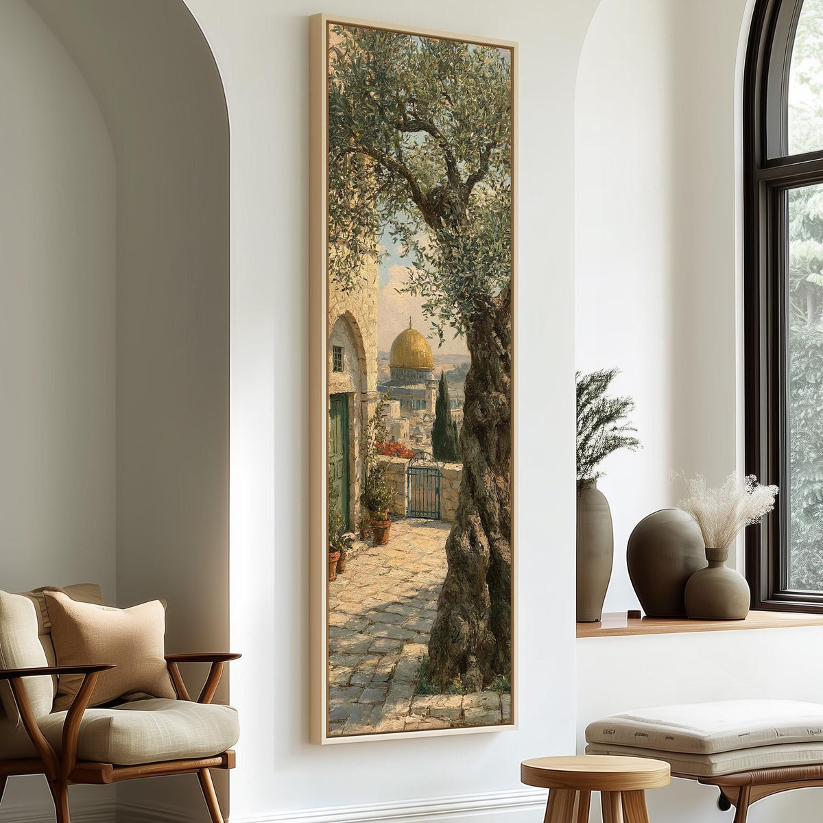 Ancient olive tree near the golden dome tall skinny canvas print in a sunlit living space