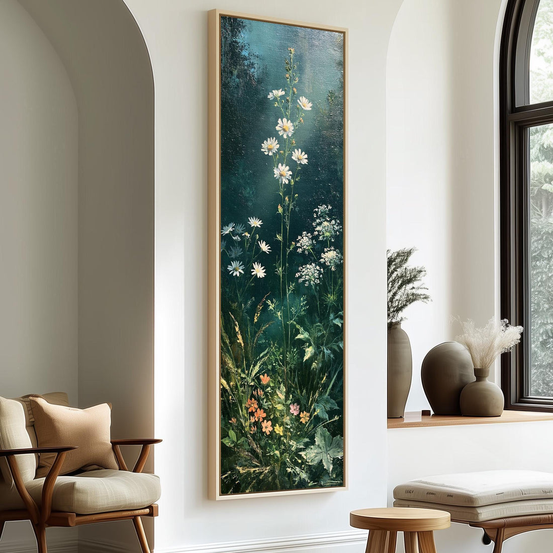 Daisies and Queen Anne's lace on dark teal long vertical canvas print in a sunlit living space