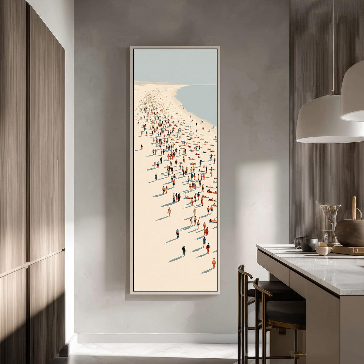 Beach walkers along a diagonal shoreline tall skinny canvas print in a modern kitchen