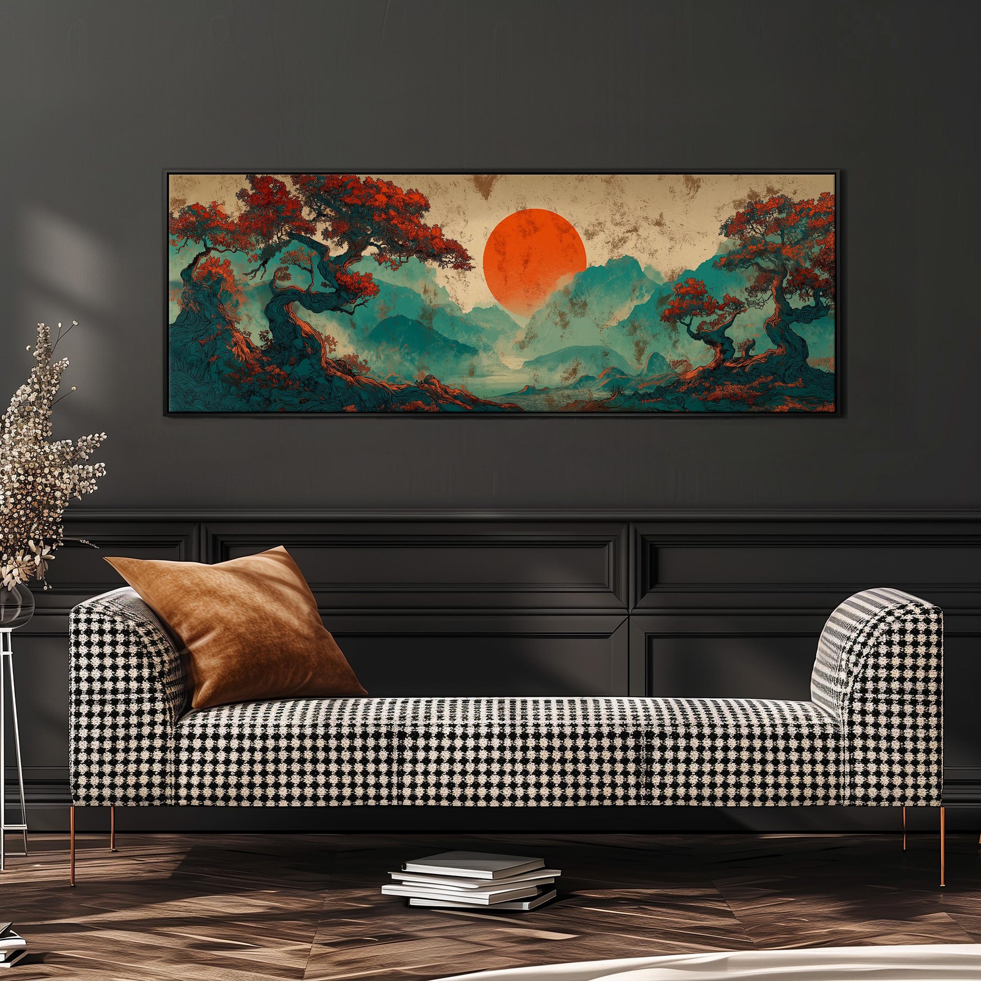 a large, colorful painting of a landscape with a prominent orange sun in the sky, surrounded by trees and mountains. The painting is displayed on a wall above a black and white checkered sofa, which is positioned in front of a bookshelf.