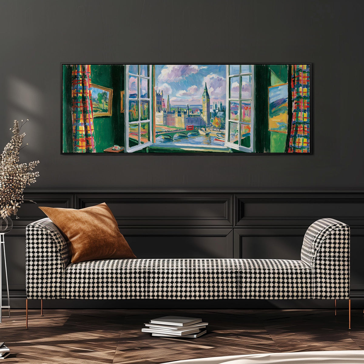 London and Big Ben through a green room window wide panoramic canvas print above a bench in a dark living room