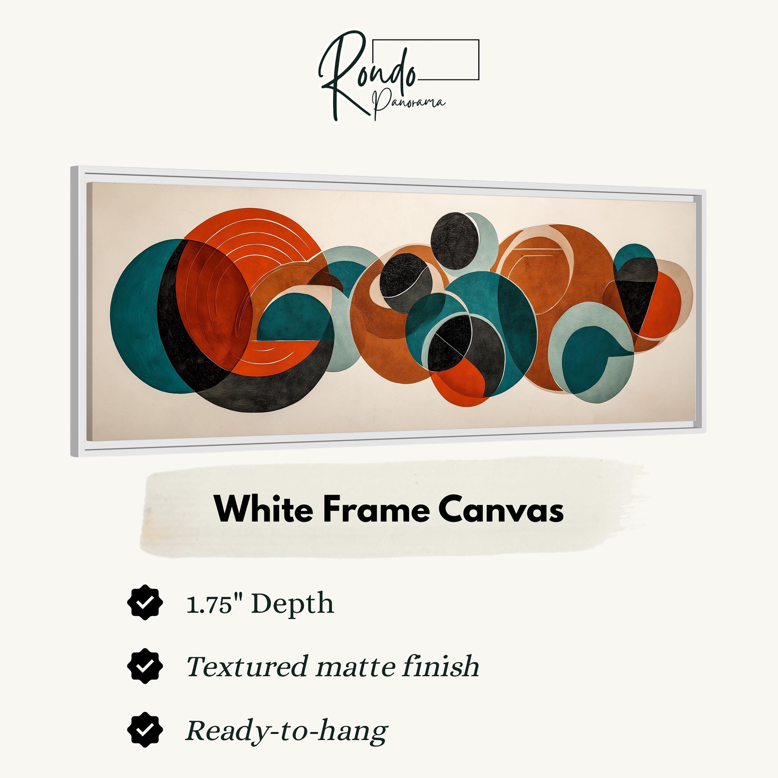 The image is a framed artwork featuring abstract geometric shapes in various colors, including orange, blue, and green. The artwork is described as a "White Frame Canvas" with a 1.75" depth, a textured matte finish, and a ready-to-hang condition.