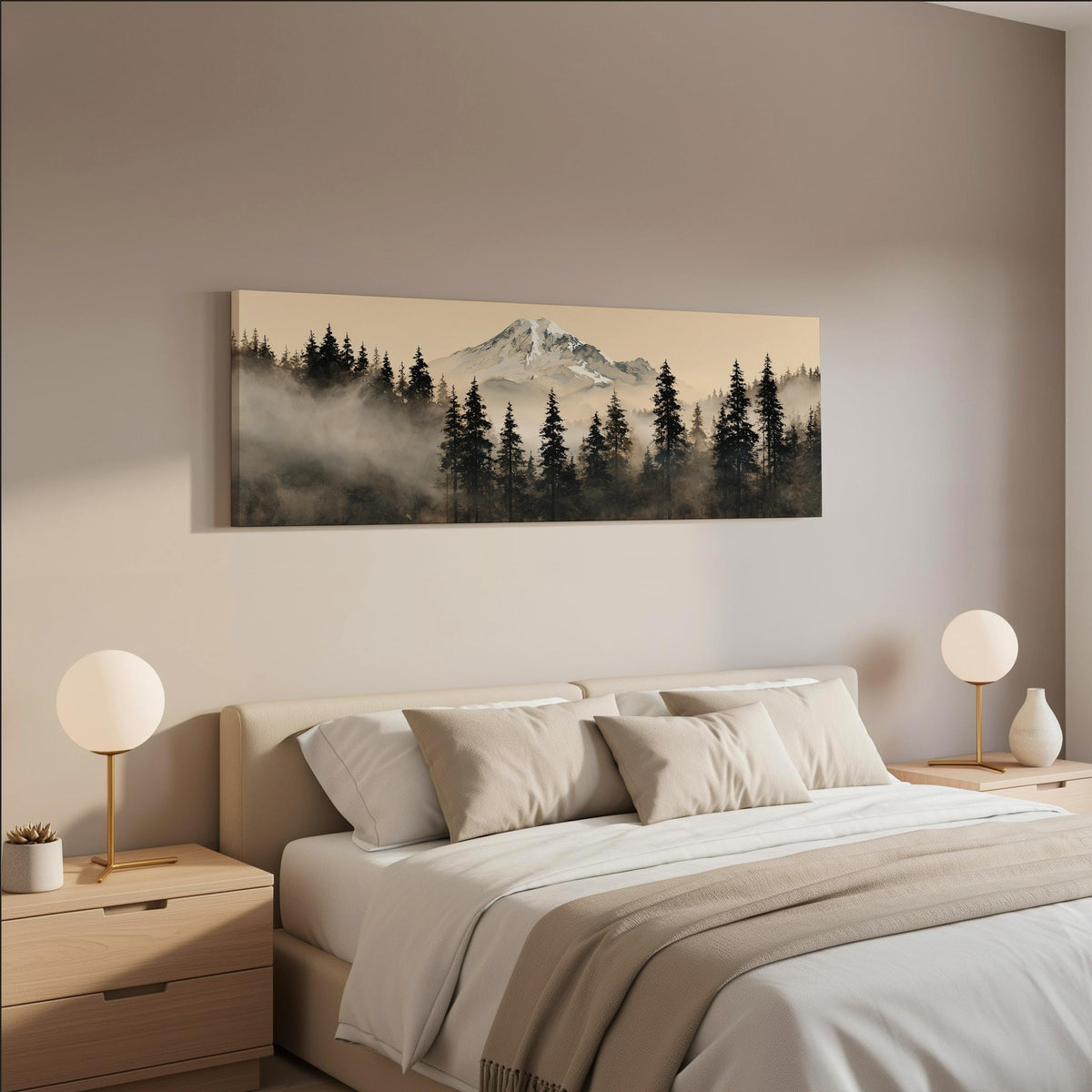 Foggy pine forest below a snowy mountain wide panoramic canvas print above a bed in a neutral bedroom
