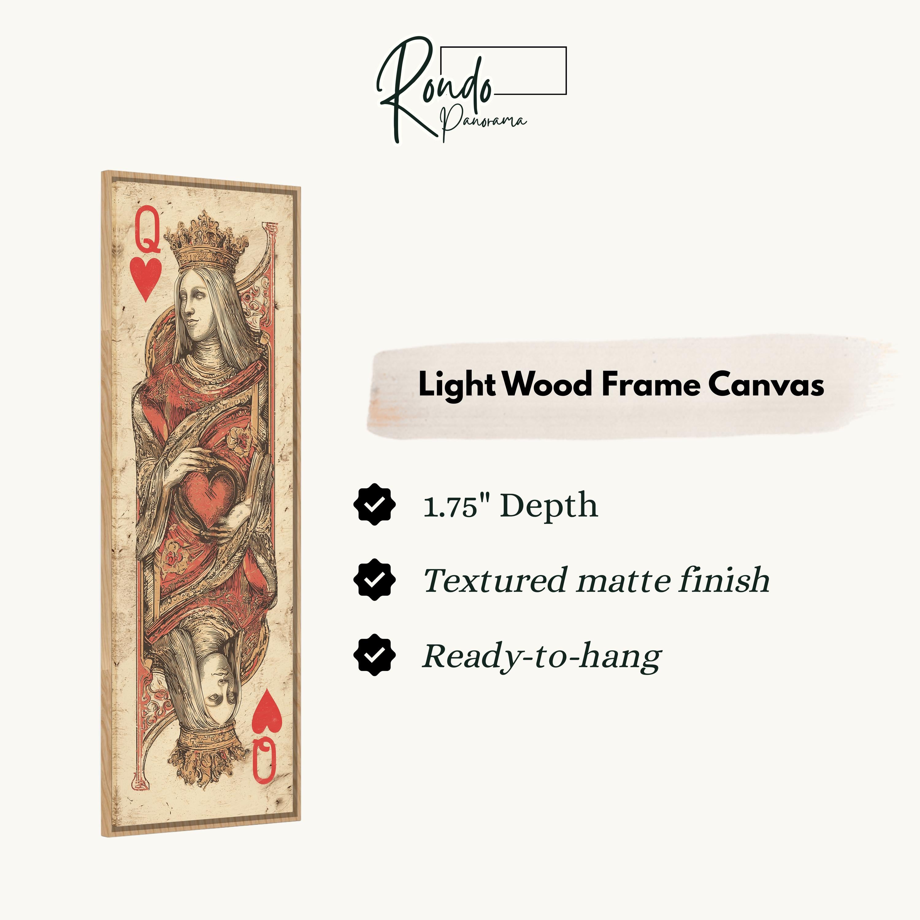 a light wood frame canvas depicting a Queen of Hearts playing card.