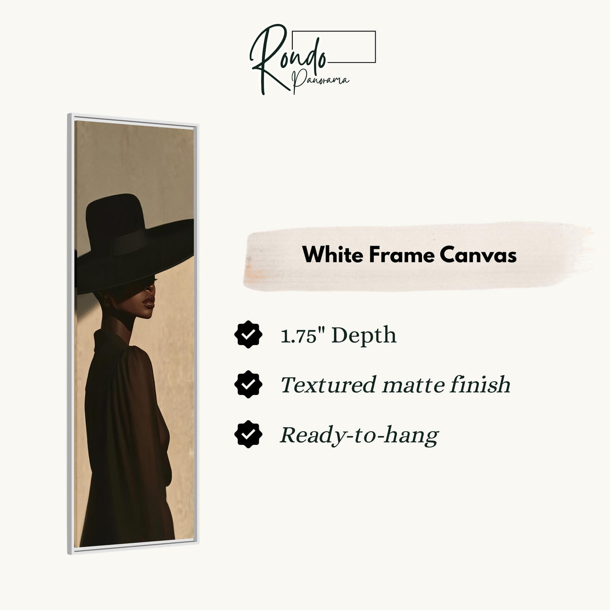 Woman in a wide black hat in profile canvas print in a white floating frame