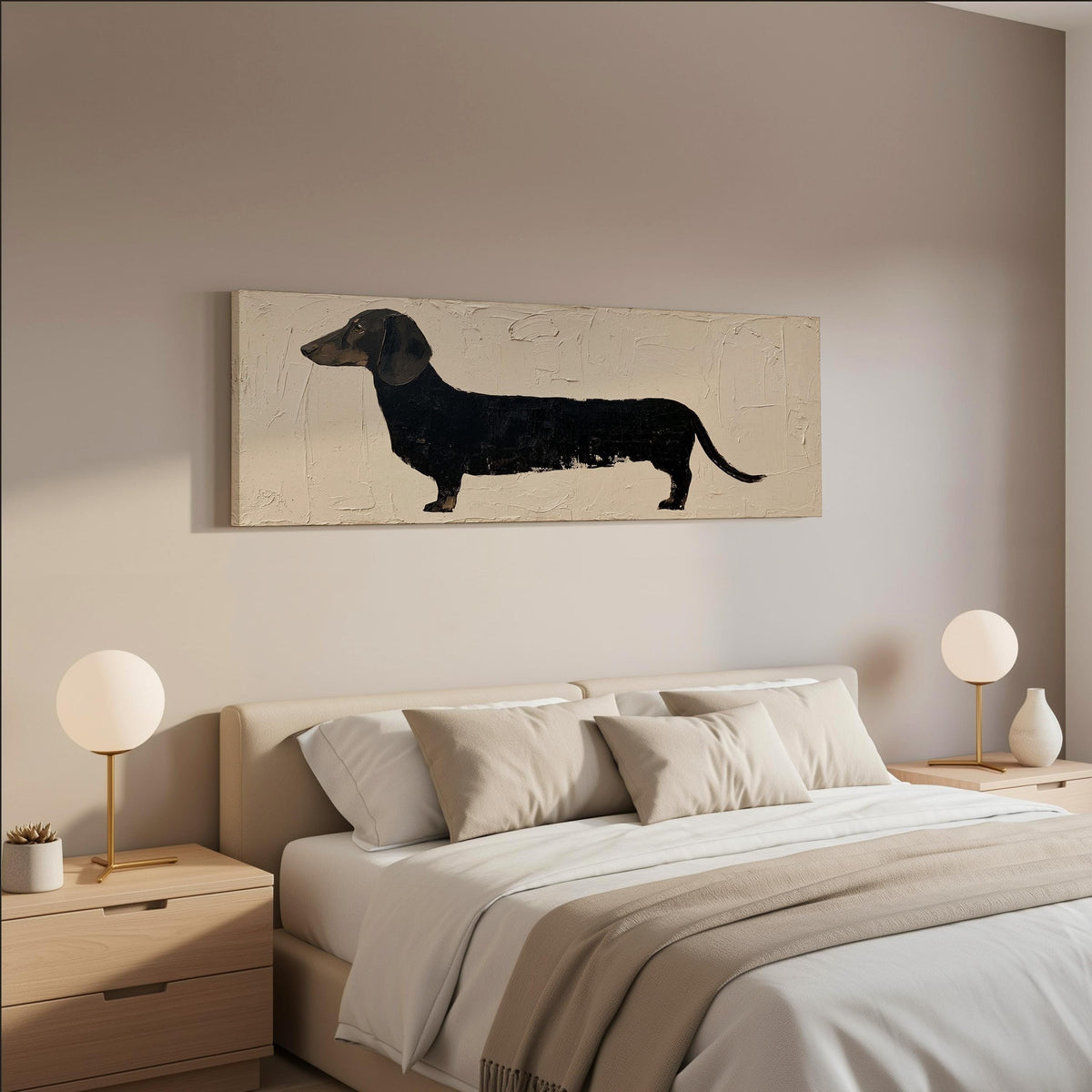 Black dachshund silhouette wide panoramic canvas print above a bed in a neutral bedroom