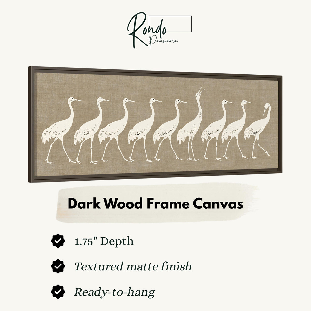 Procession of white cranes on linen canvas print in a dark wood floating frame
