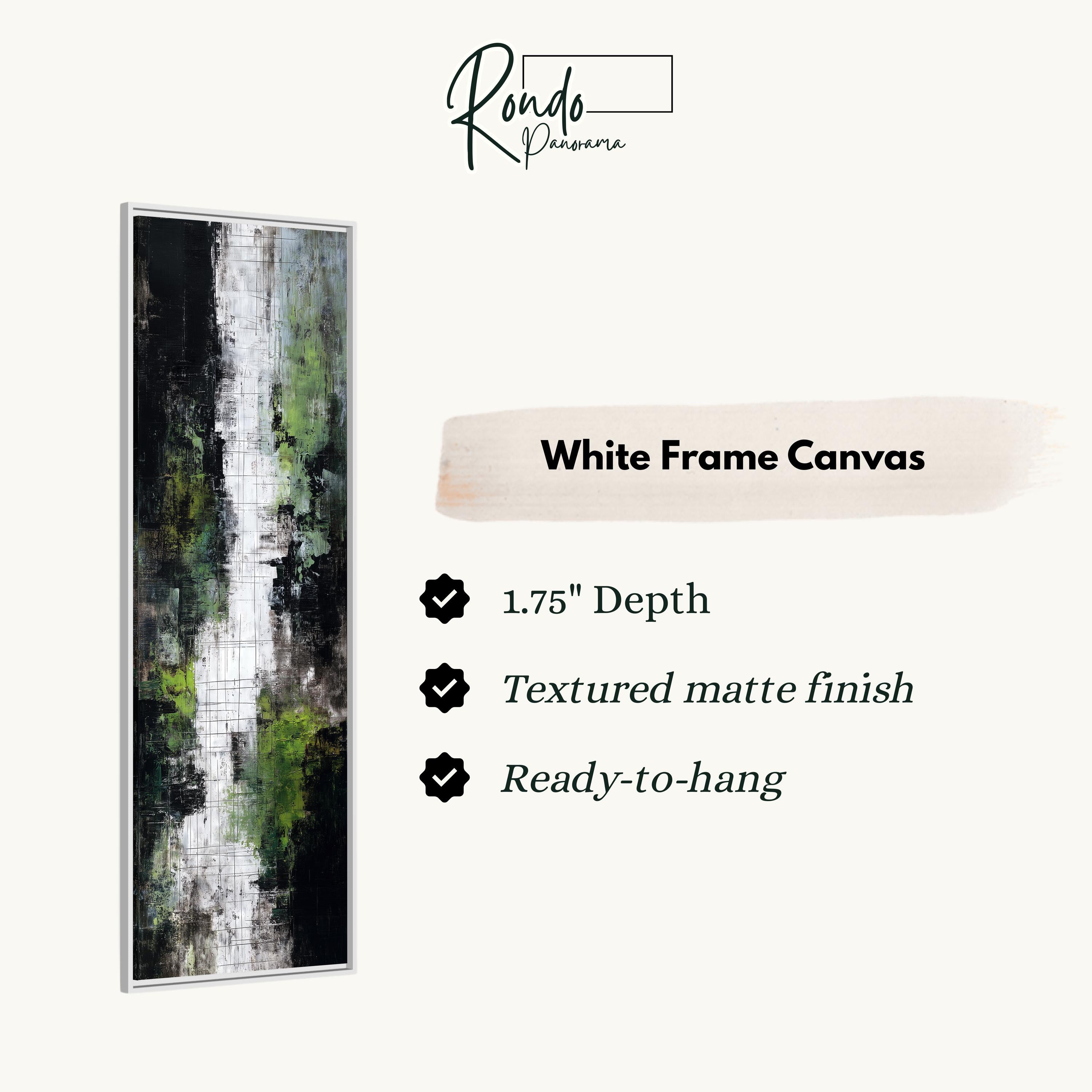 The image is a white frame canvas with a vertical black and white abstract painting.