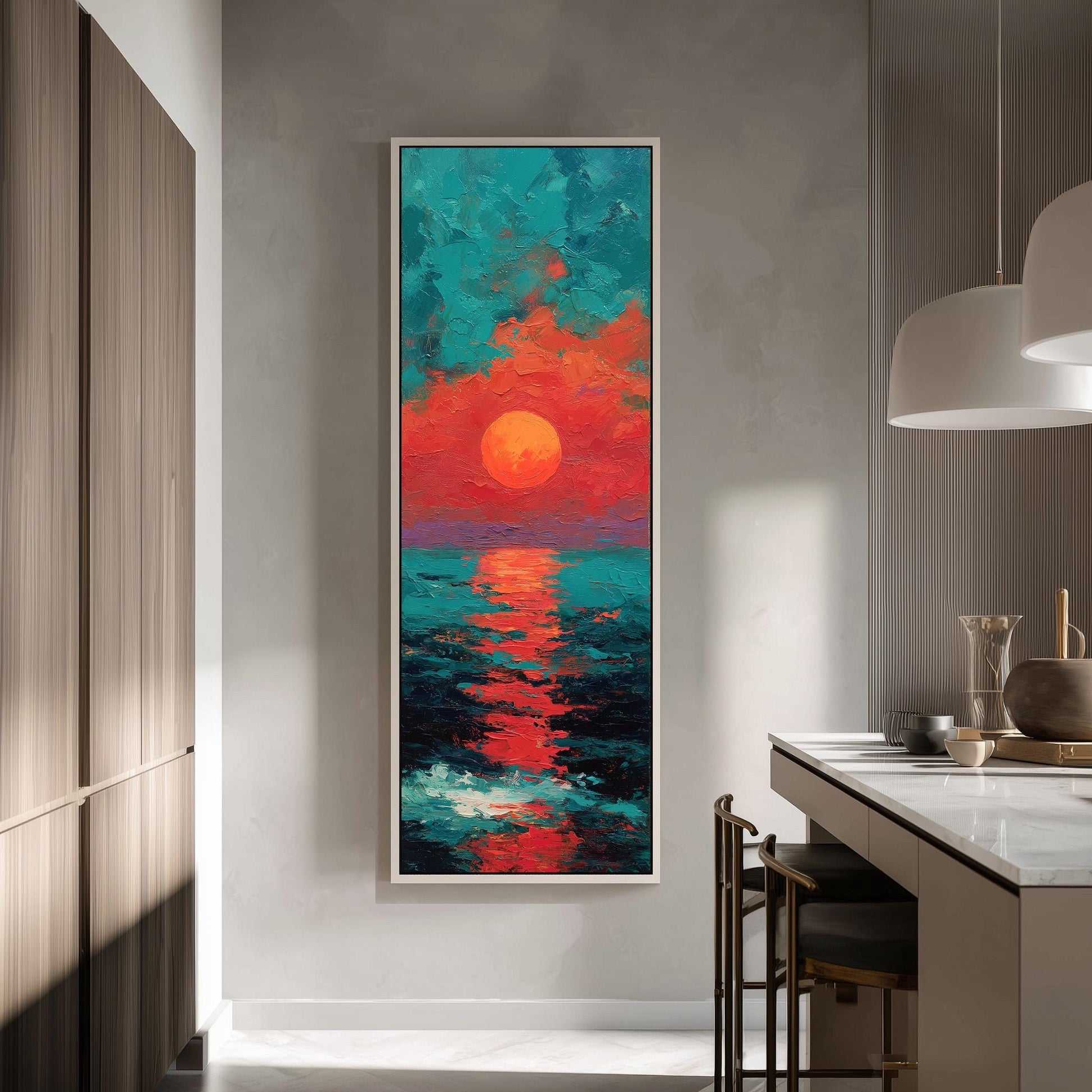 a large, colorful painting of a sunset over the ocean, hanging on a wall in a modern kitchen.