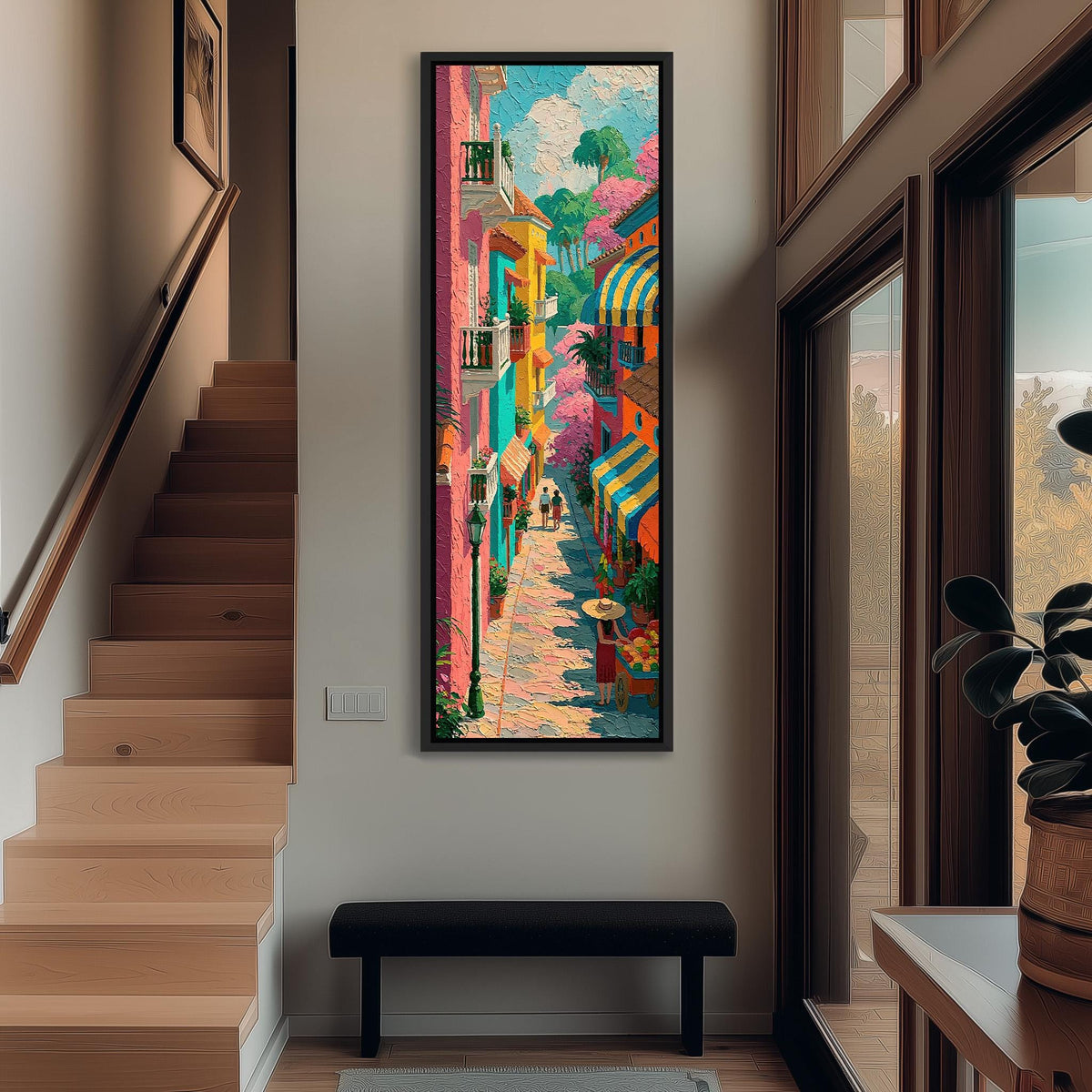 Colorful street with balconies and awnings tall narrow canvas print beside a staircase in an entryway